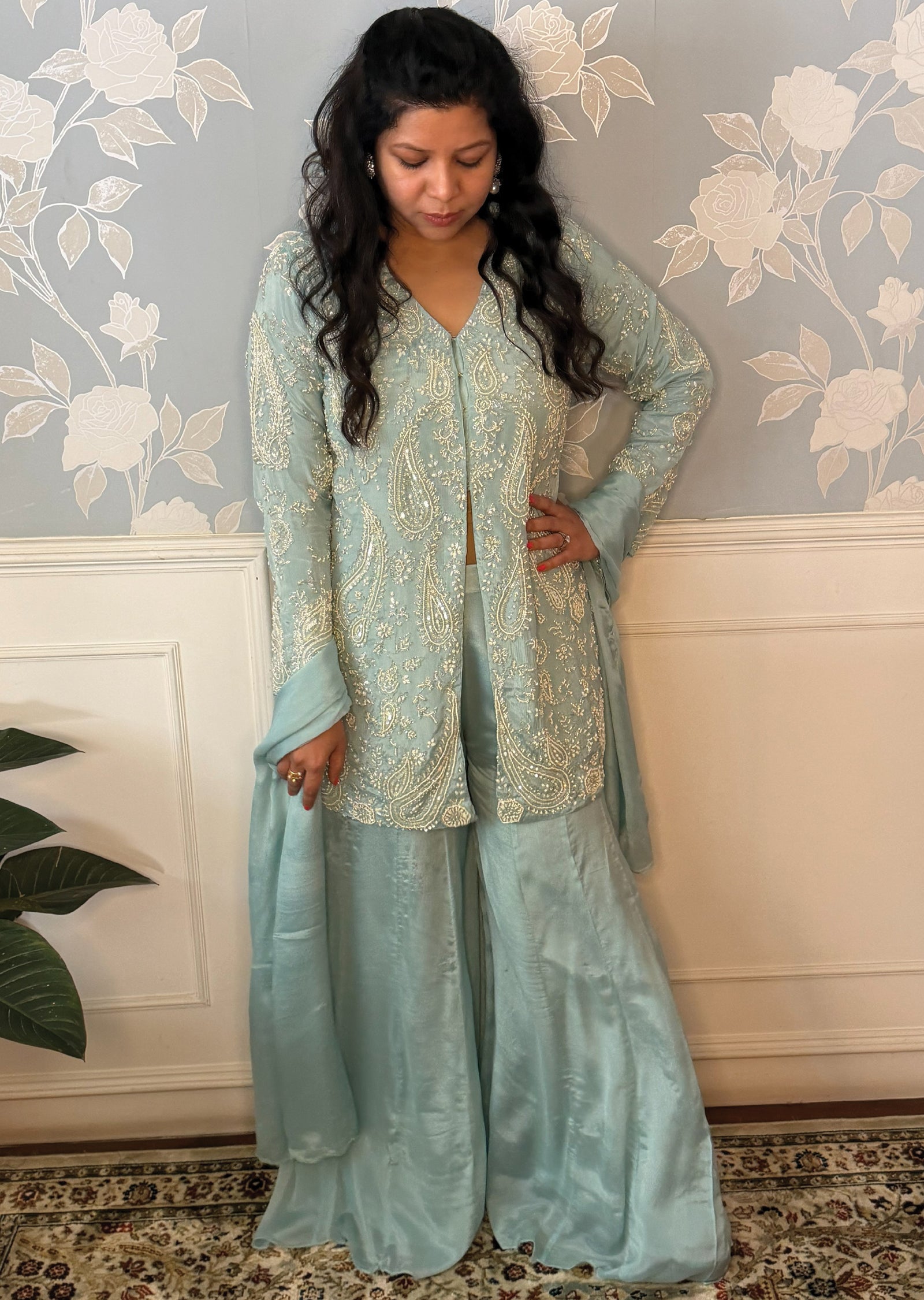 Blue Chinnon Sharara Set