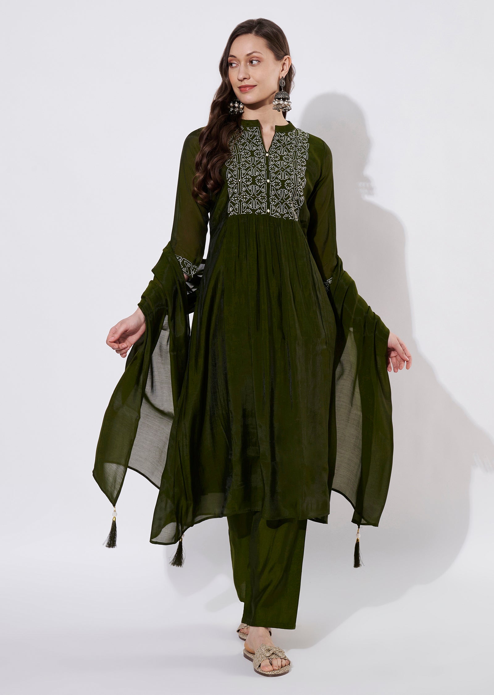 Olive Green Silk Anarkali