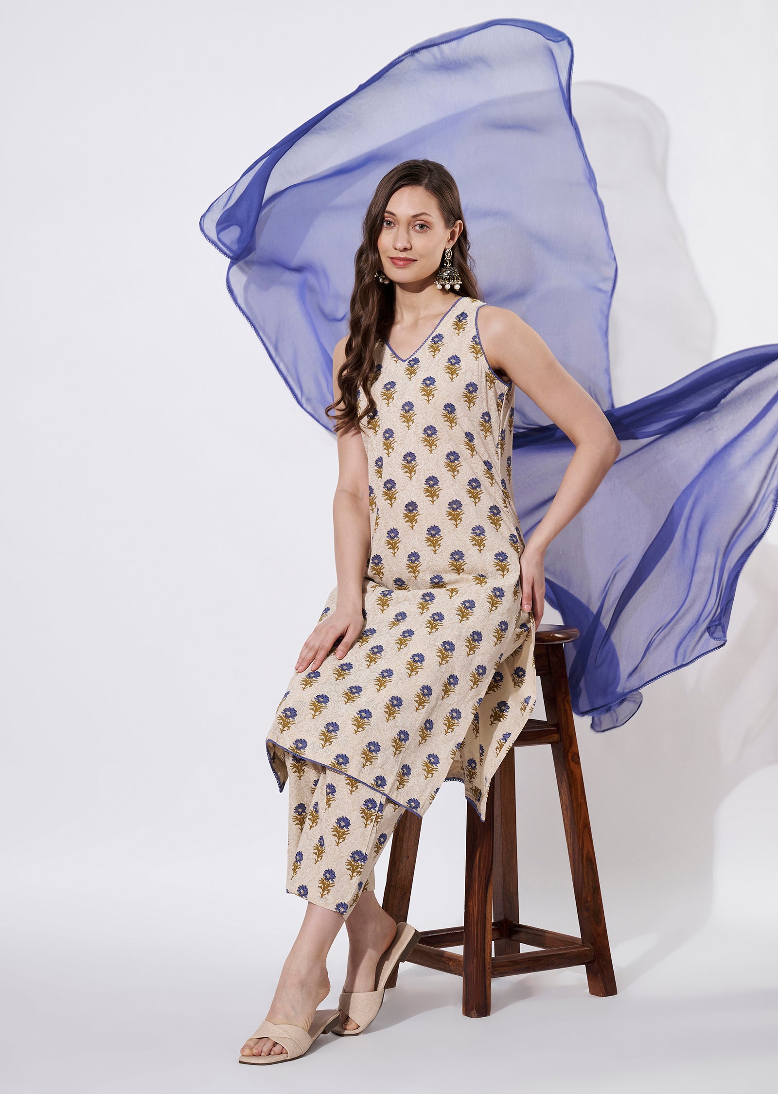 Blue Cotton Straight cut suit