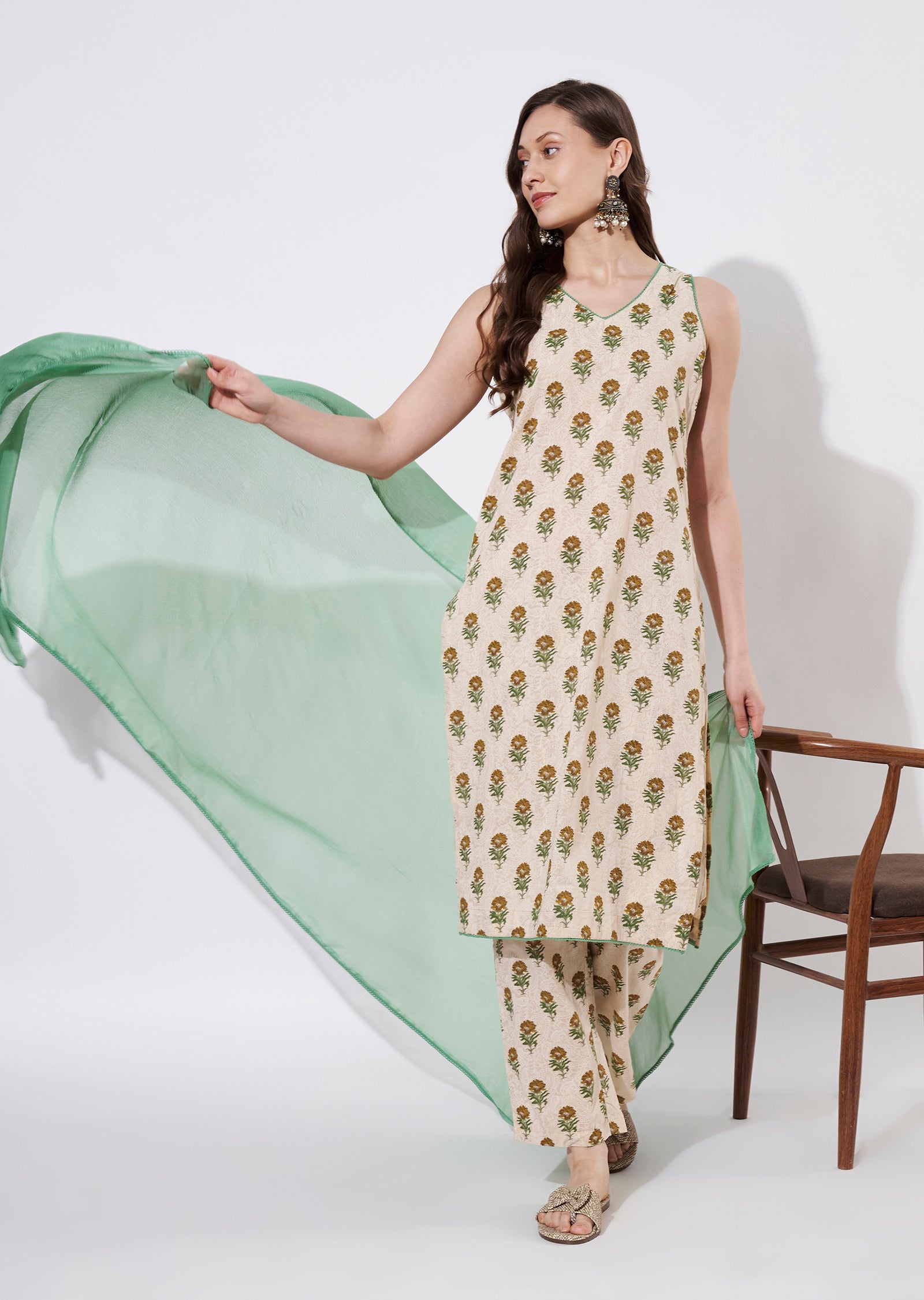 Green Cotton Straight cut suit