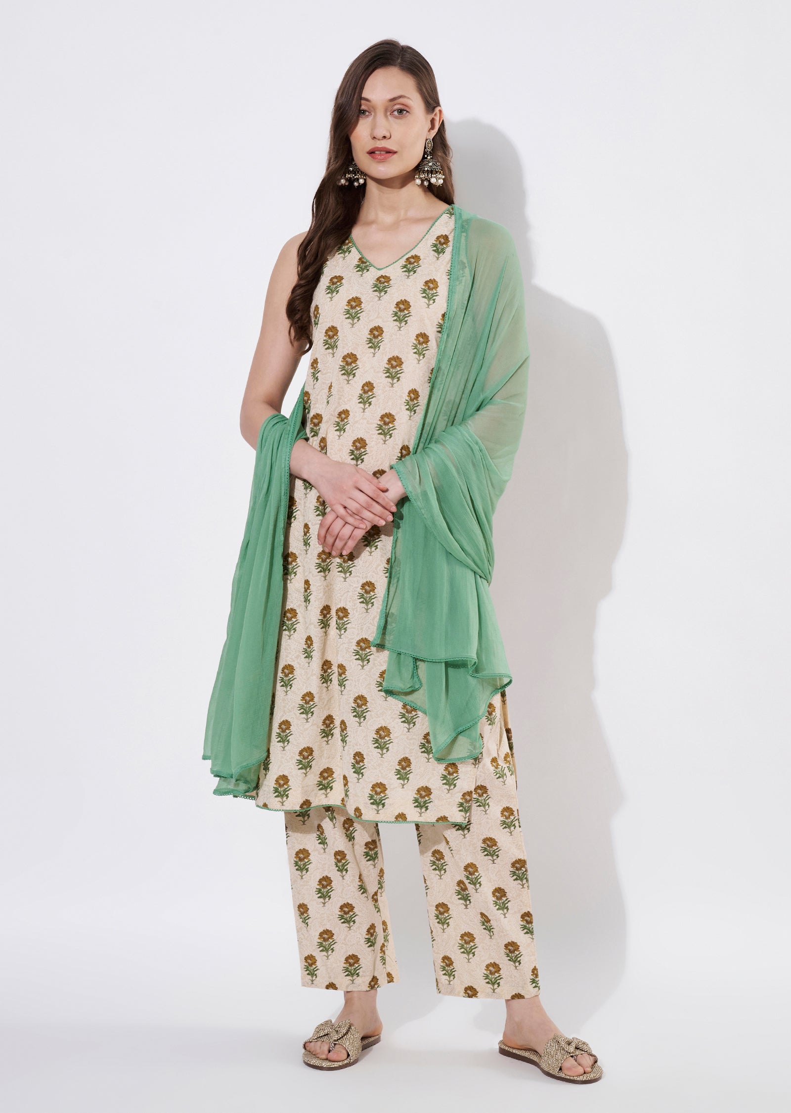 Green Cotton Straight cut suit