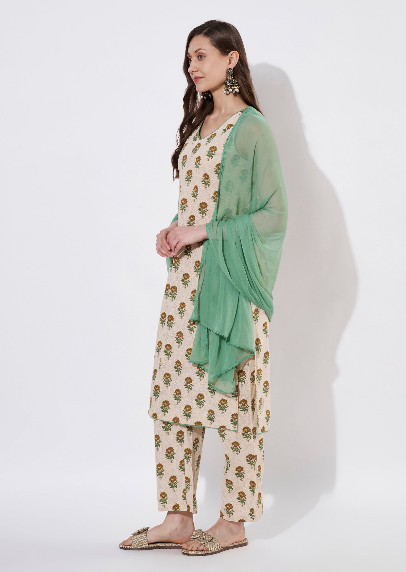 Green Cotton Straight cut suit