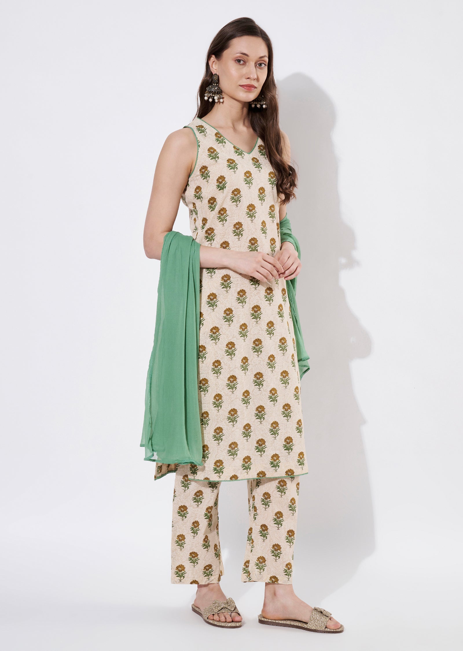 Green Cotton Straight cut suit