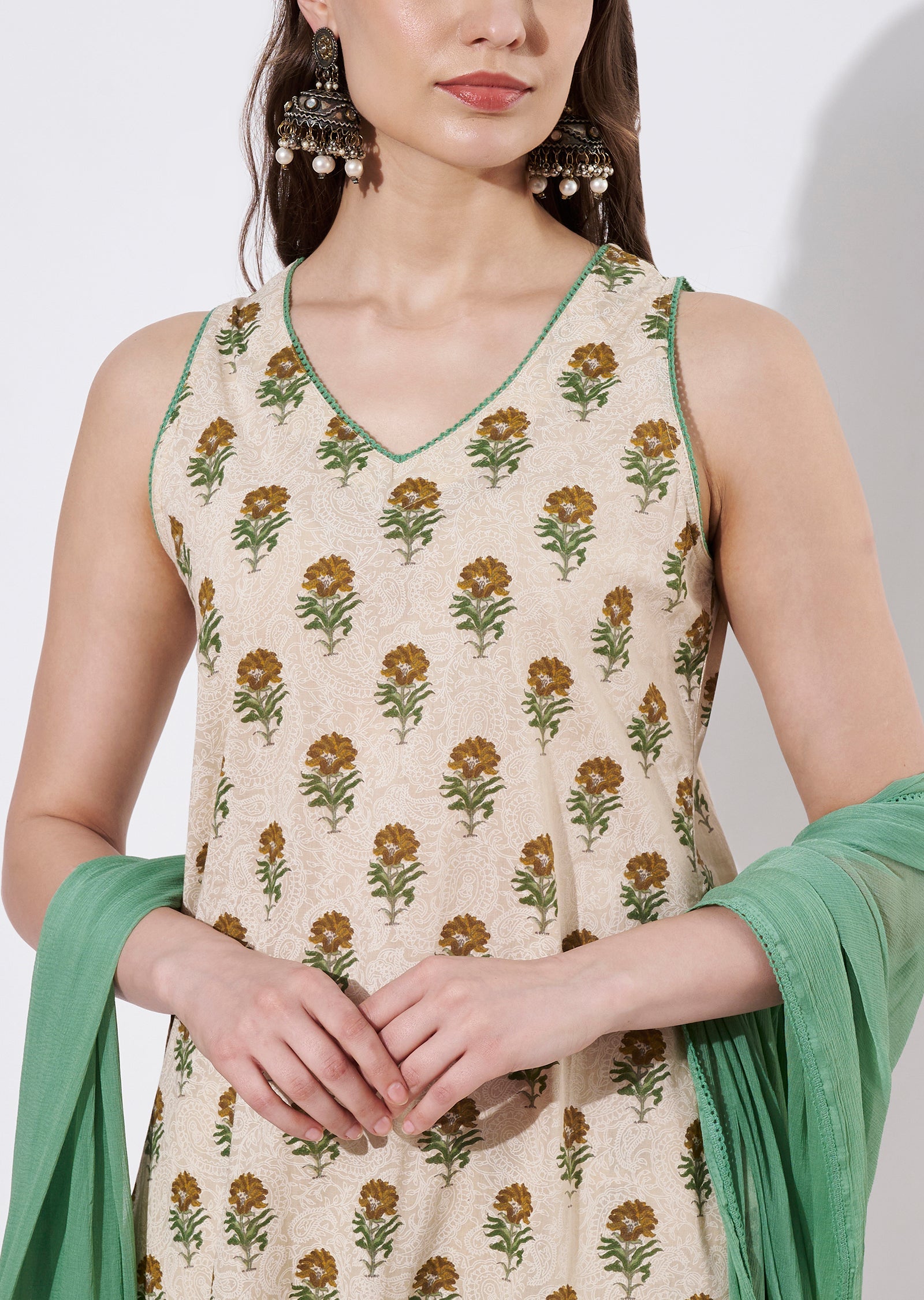 Green Cotton Straight cut suit