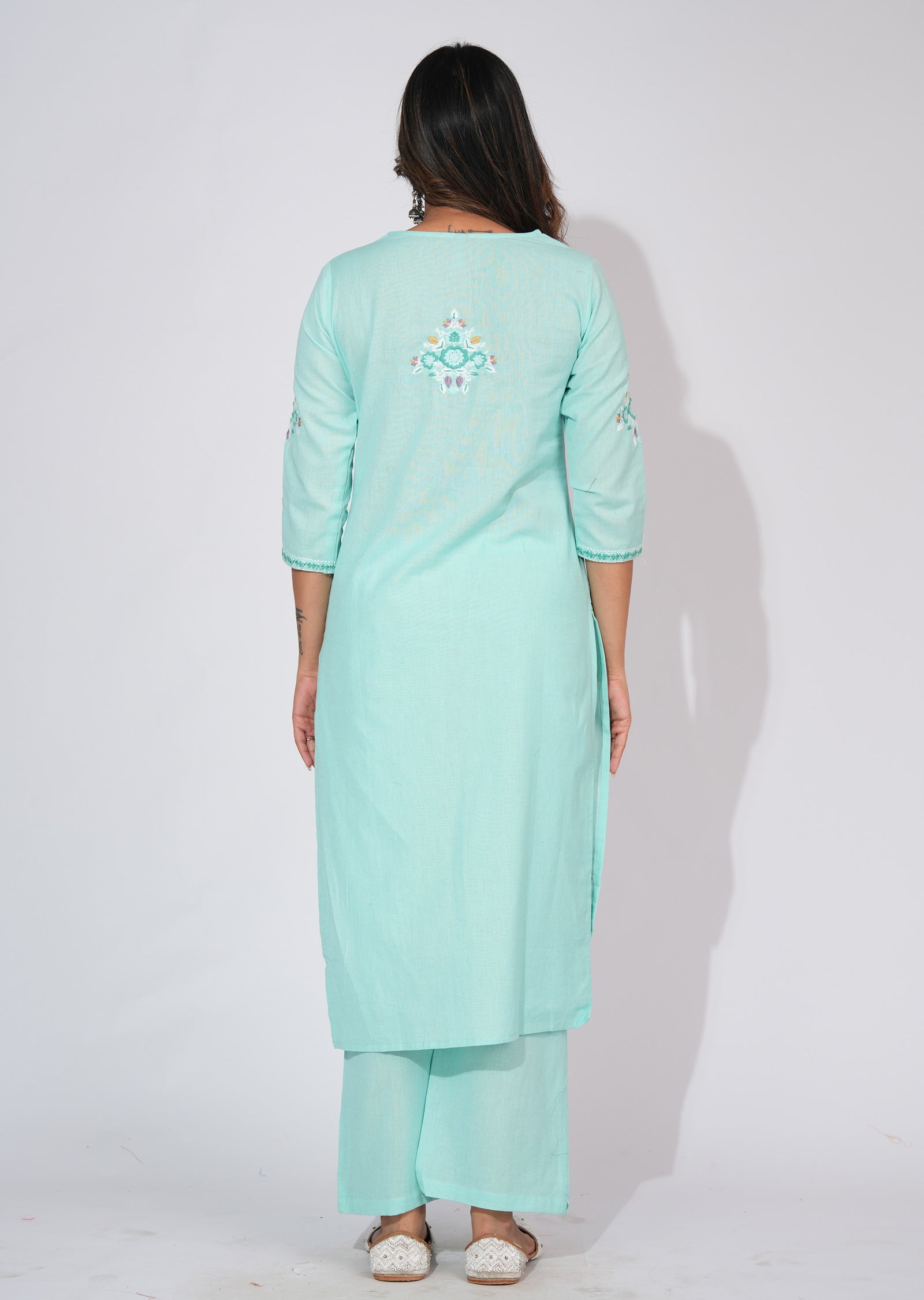 Light Green Cotton Straight cut Kurti set