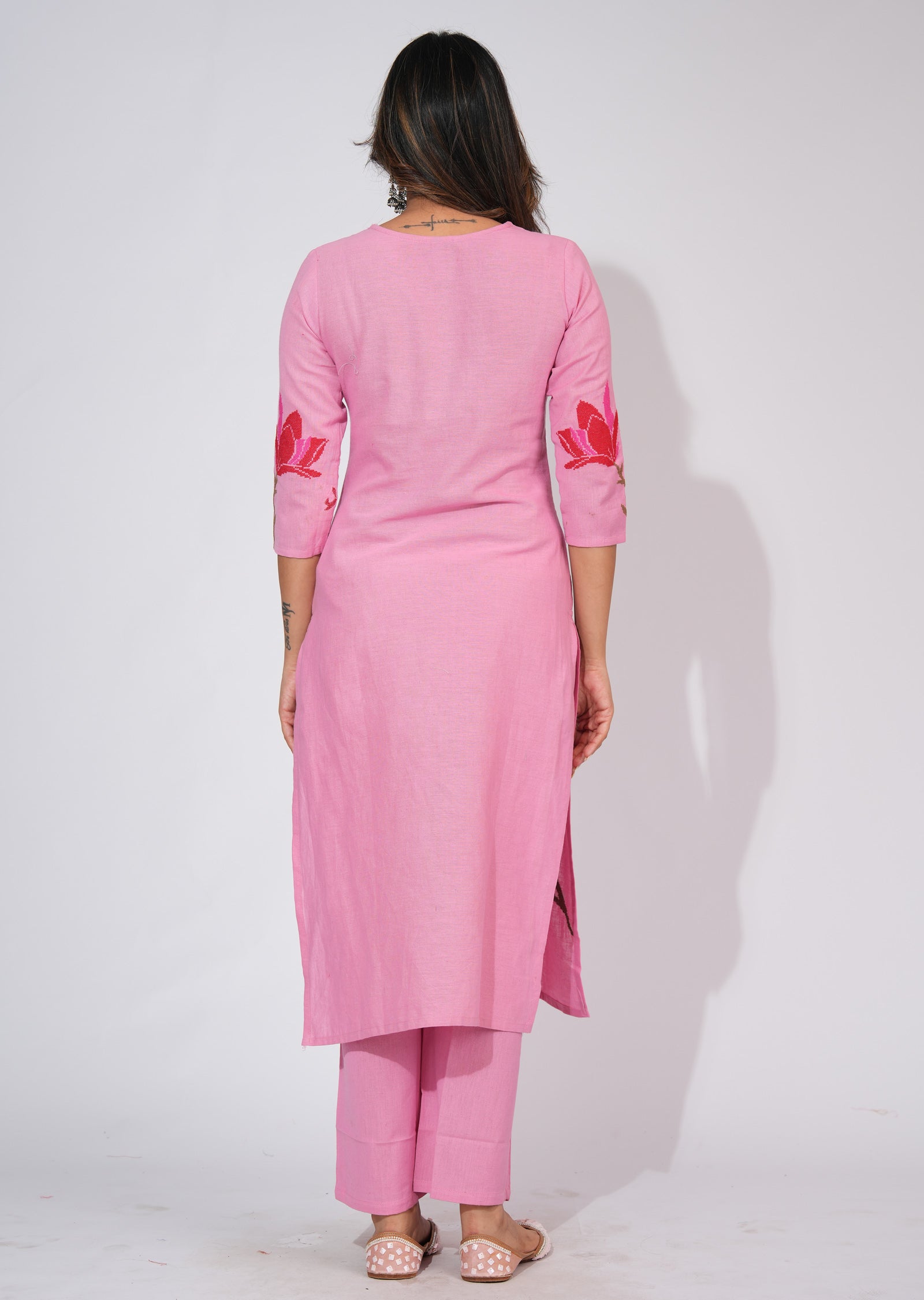 Pink Cotton Straight cut Kurti set
