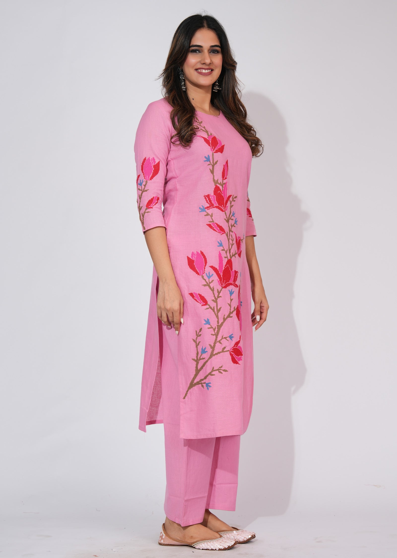 Pink Cotton Straight cut Kurti set