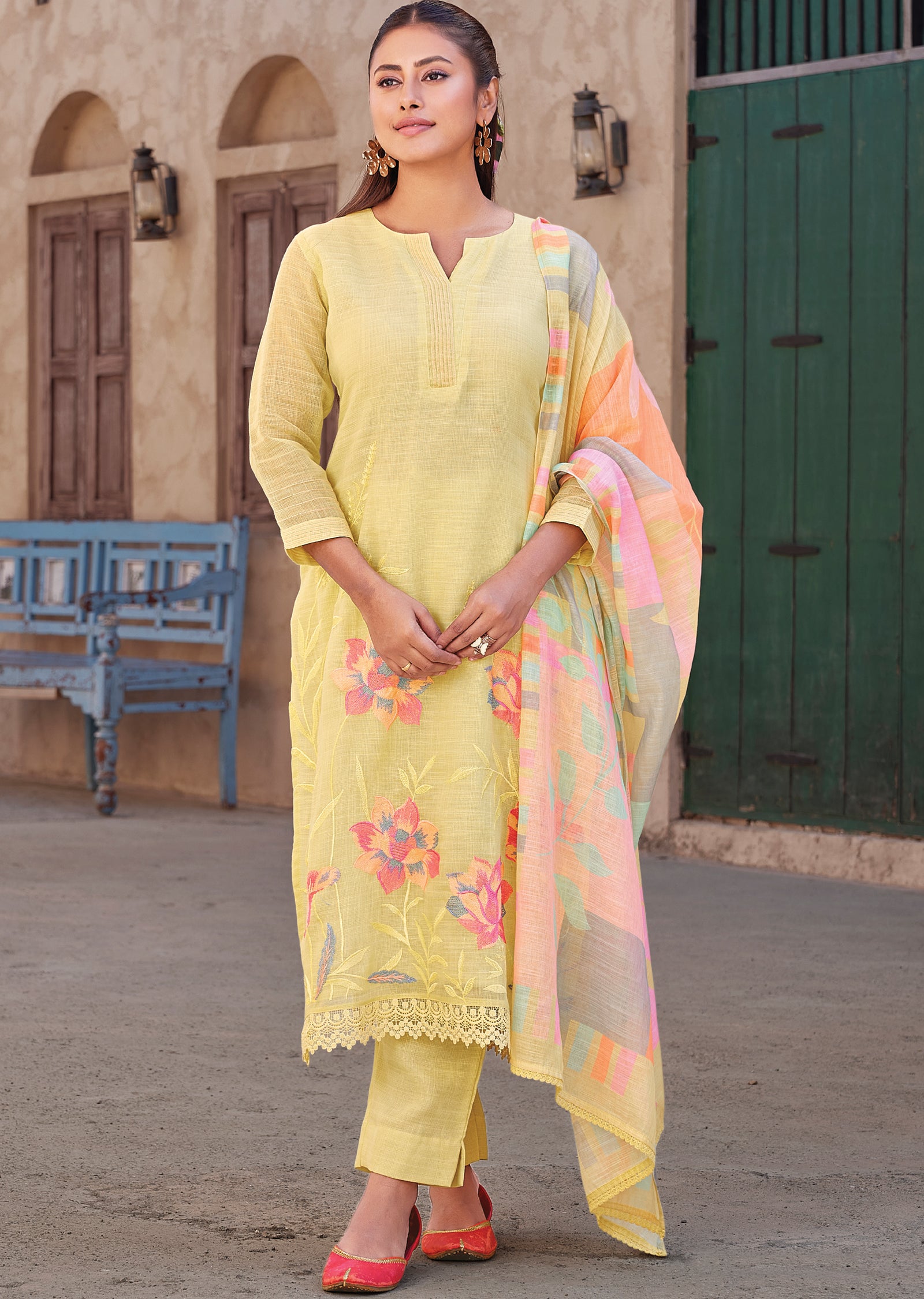 Yellow Straight cut kurti Set