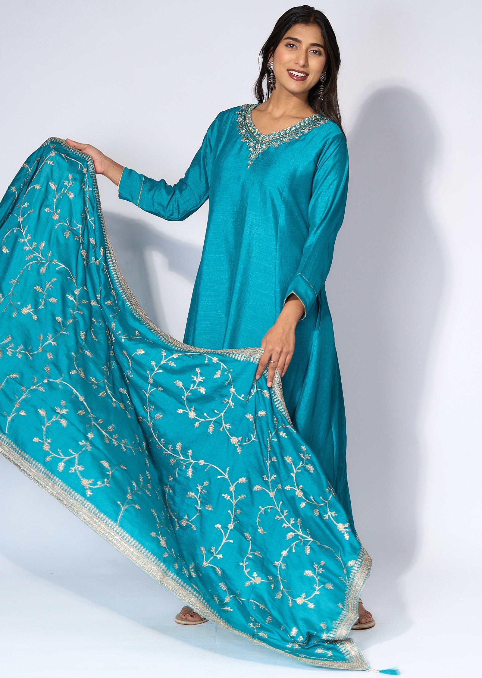 Rama Blue Silk Anarkali