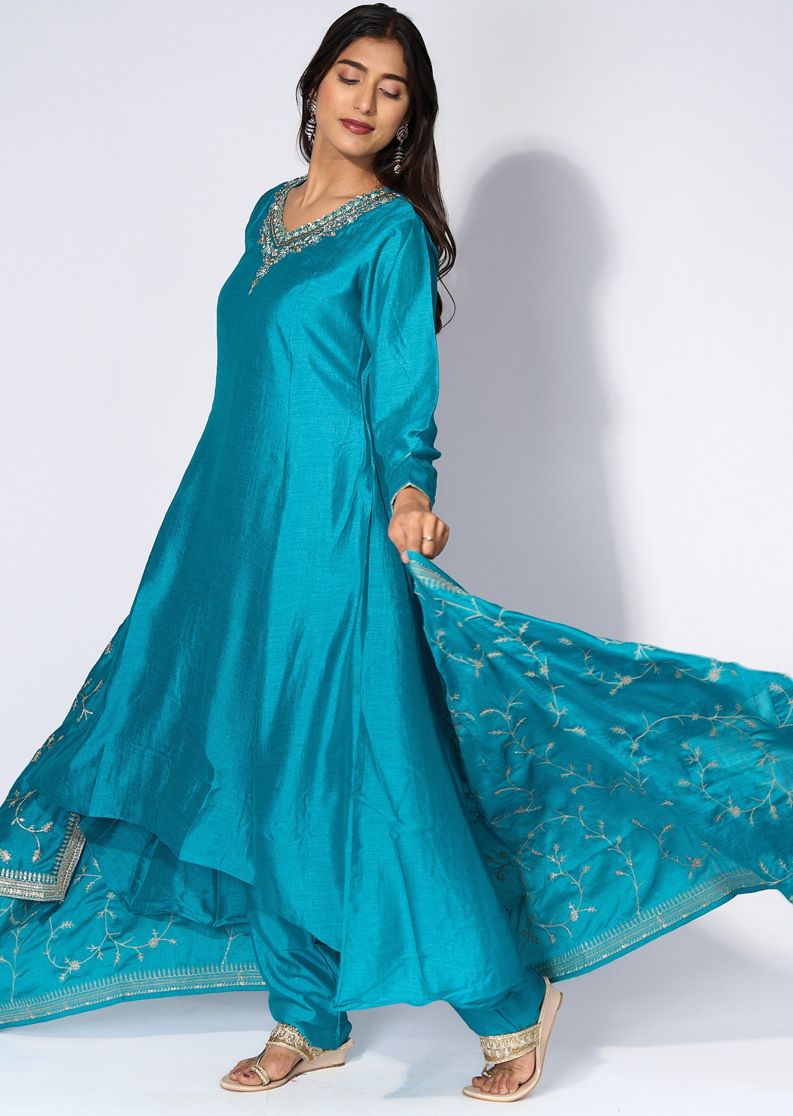 Rama Blue Silk Anarkali