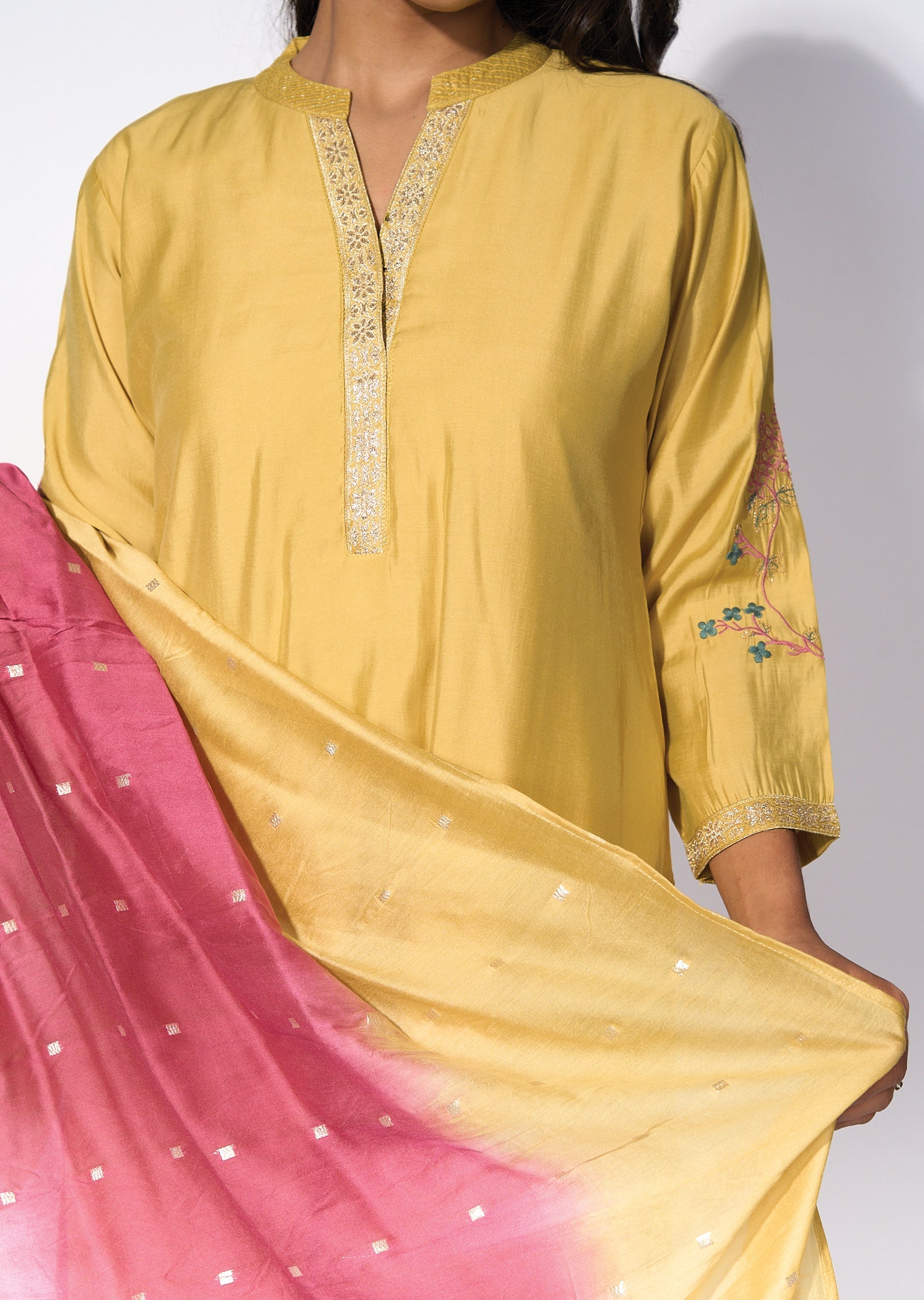 Yellow silk Straight cut kurti Set