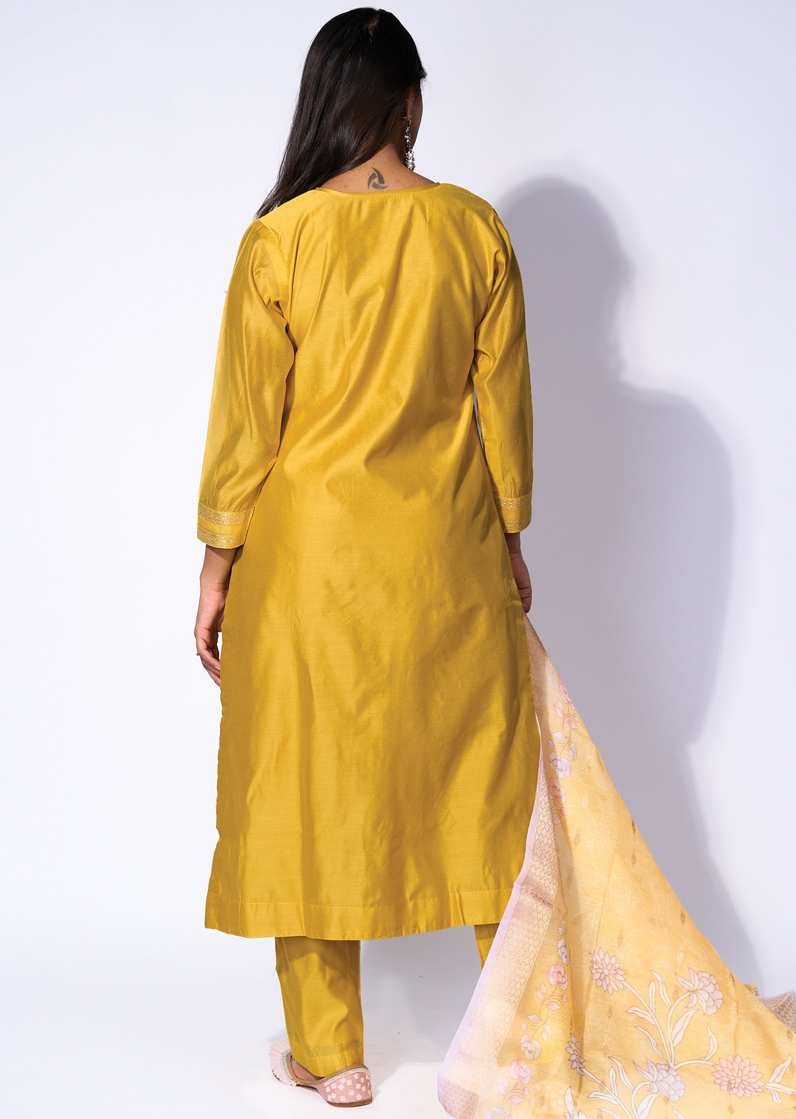 Yellow Silk Straight cut kurti Set
