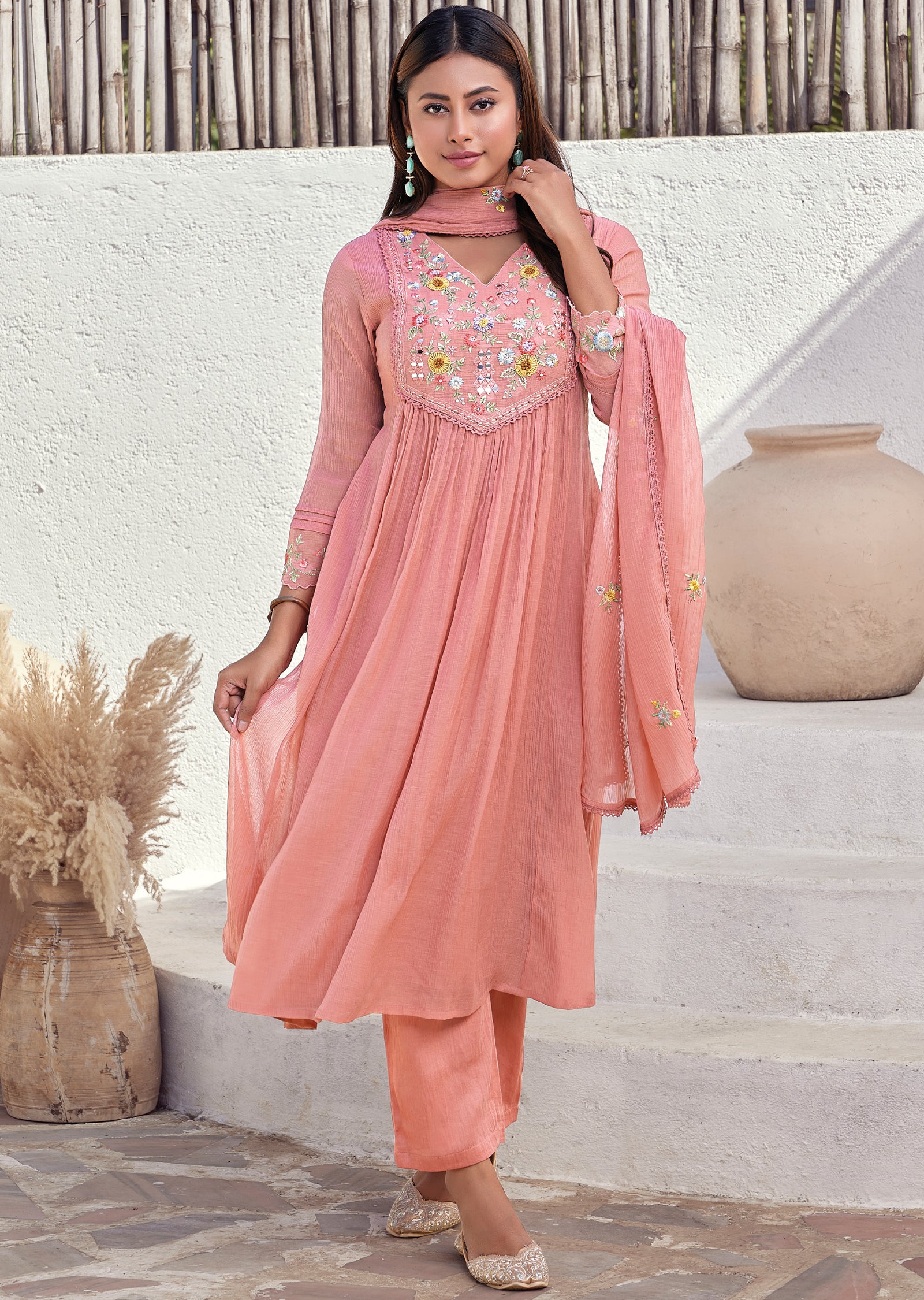 Pink Mul chanderi Anarkali