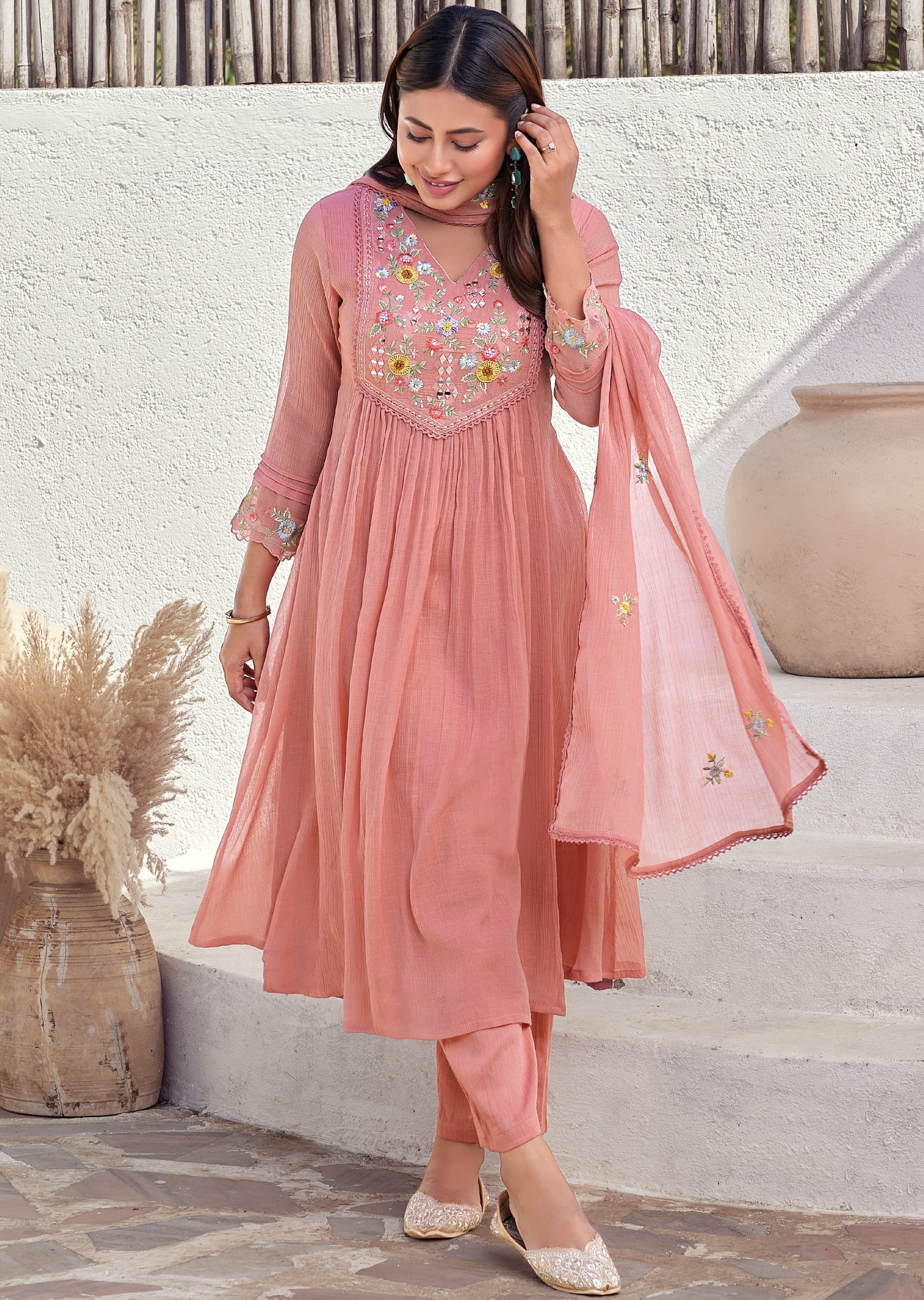 Pink Mul chanderi Anarkali