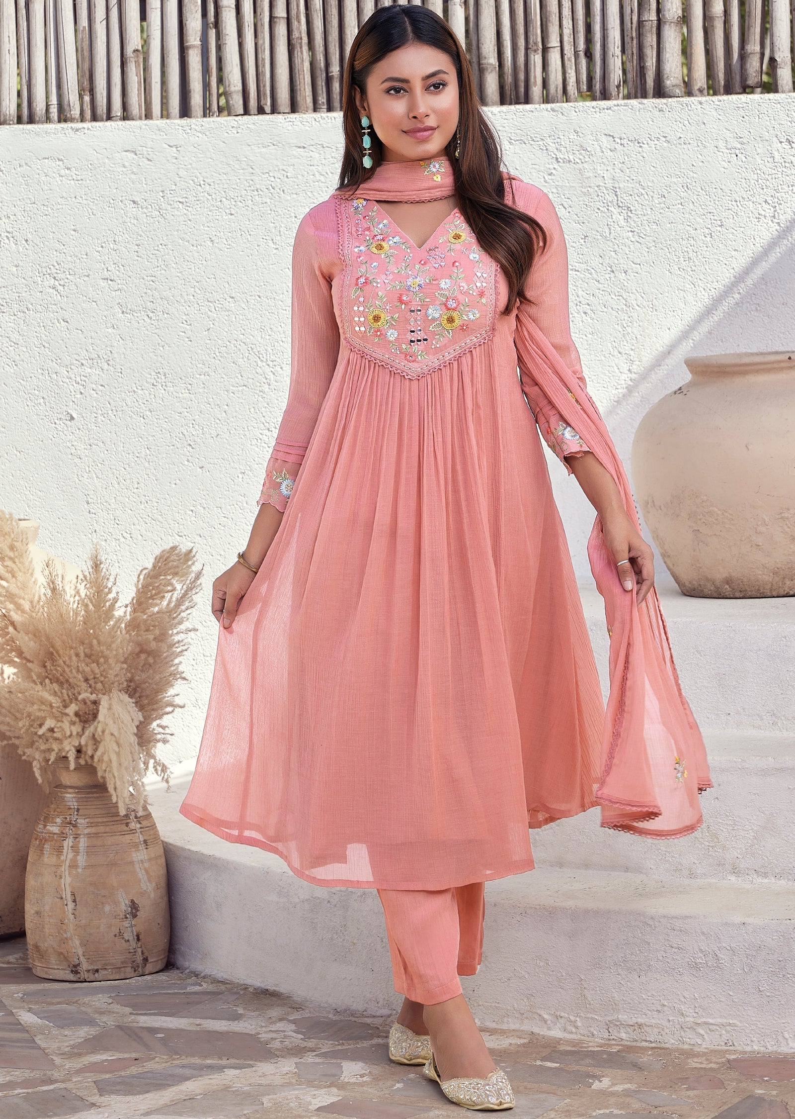 Pink Mul chanderi Anarkali