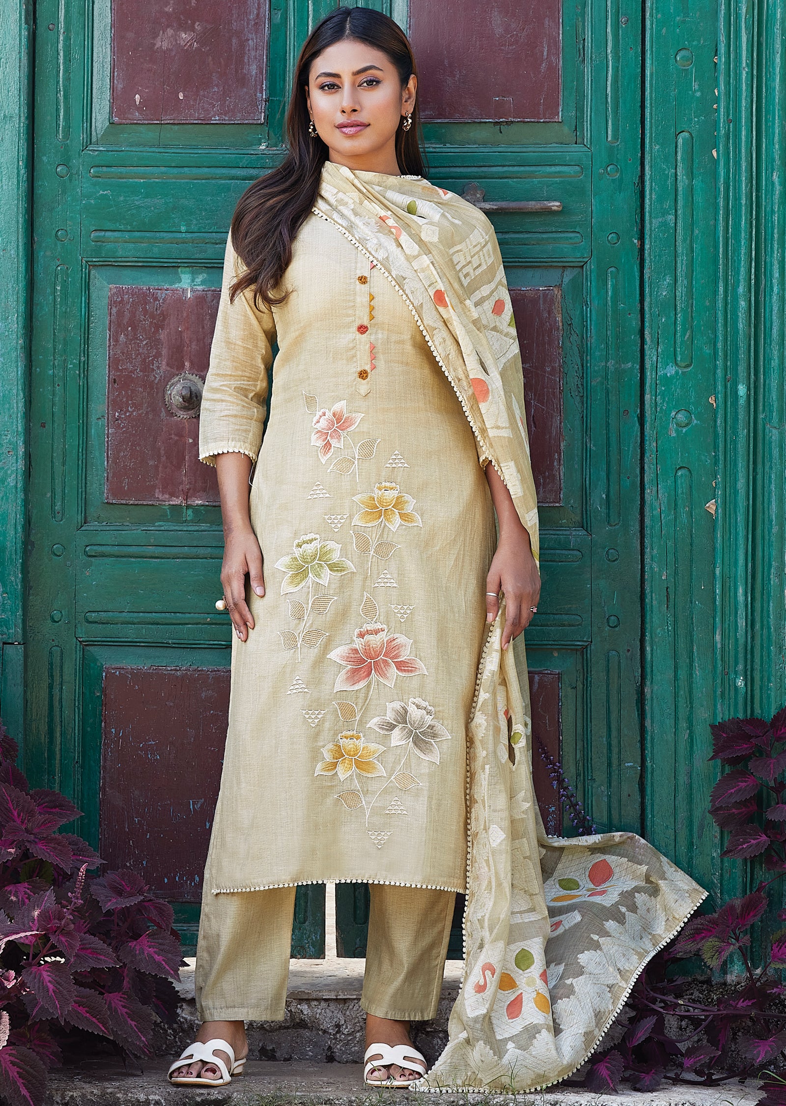 Beige Chanderi Straight cut kurti Set