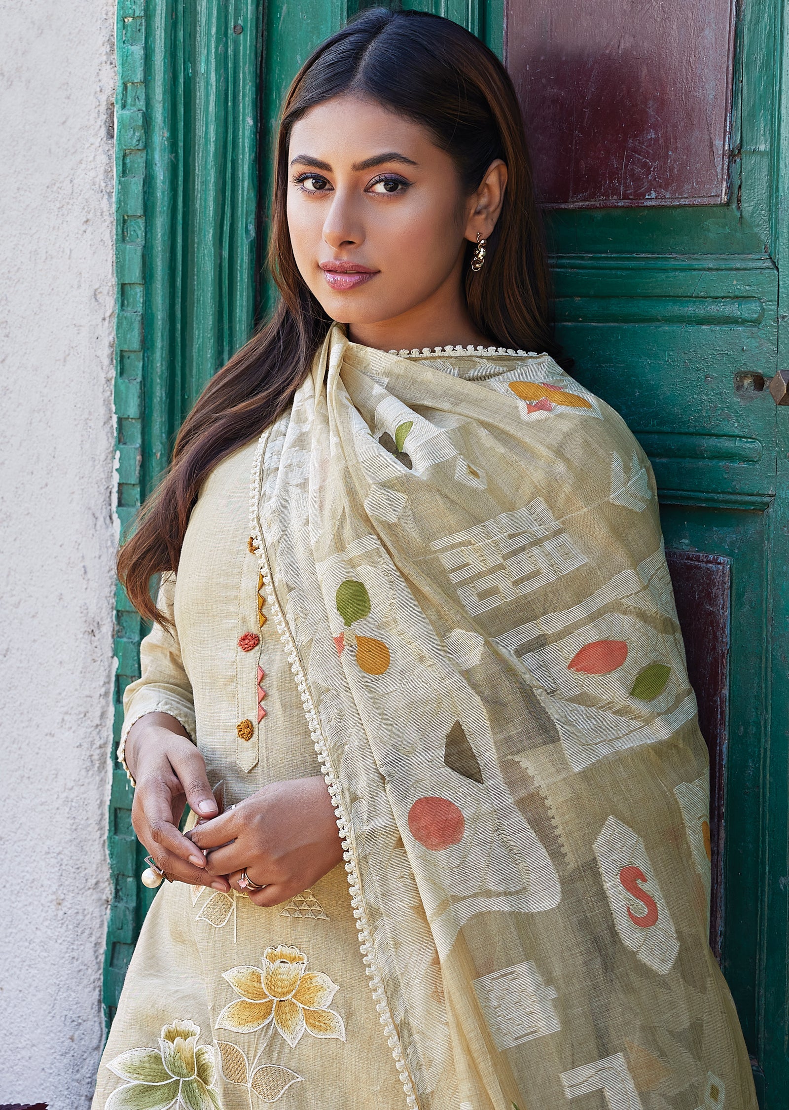 Beige Chanderi Straight cut kurti Set