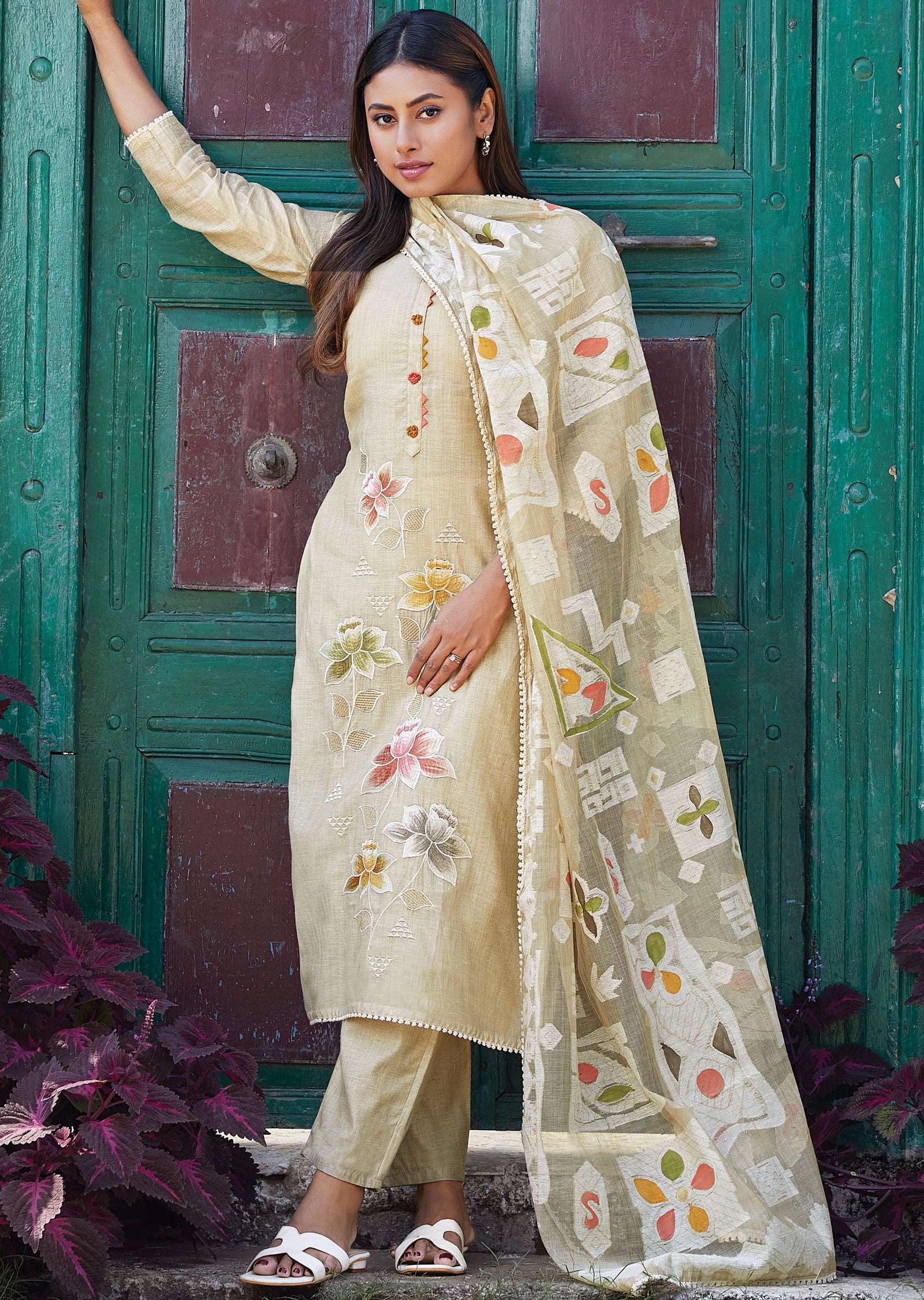 Beige Chanderi Straight cut kurti Set
