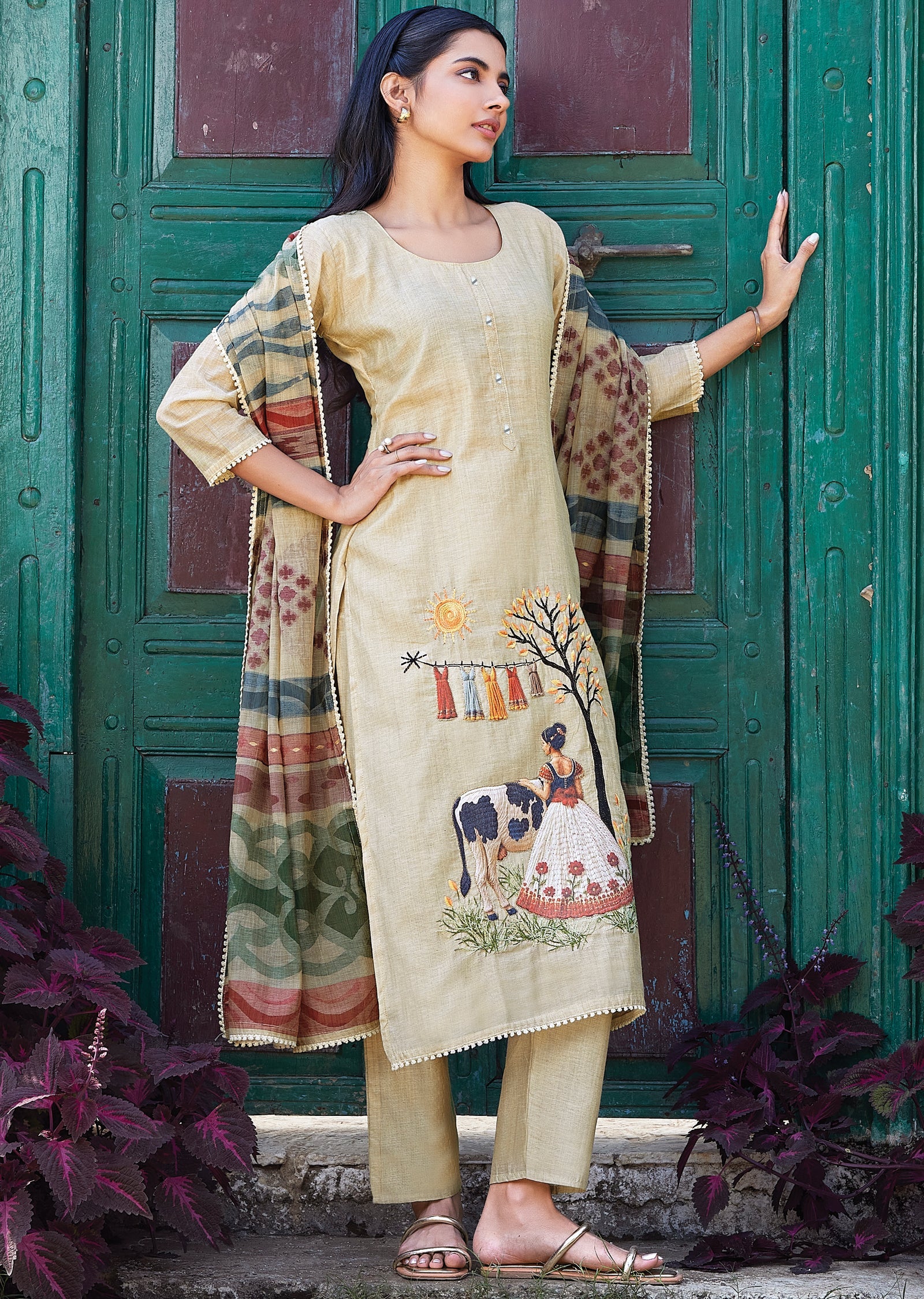 Beige Straight cut kurti Set