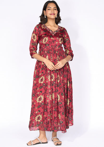 Maroon chinnon Long Kurti