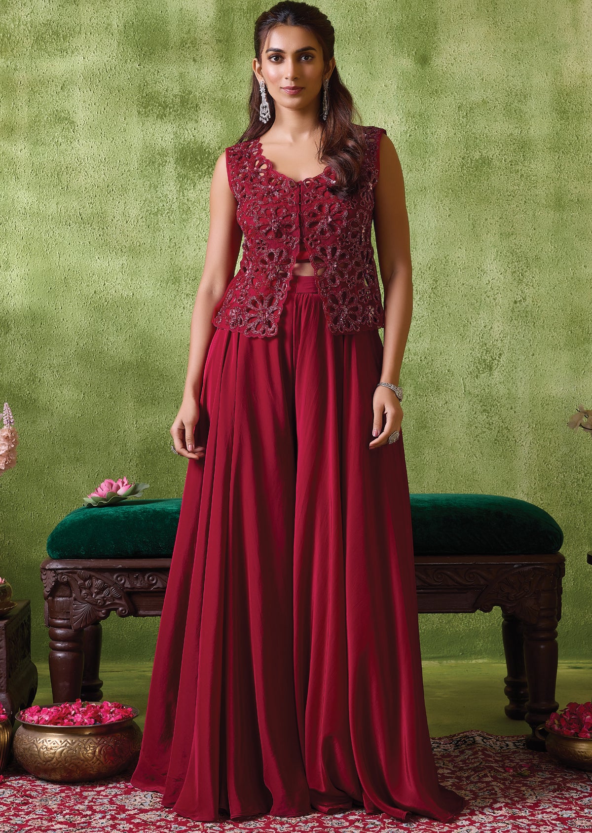 Maroon Crepe Indowestern Set