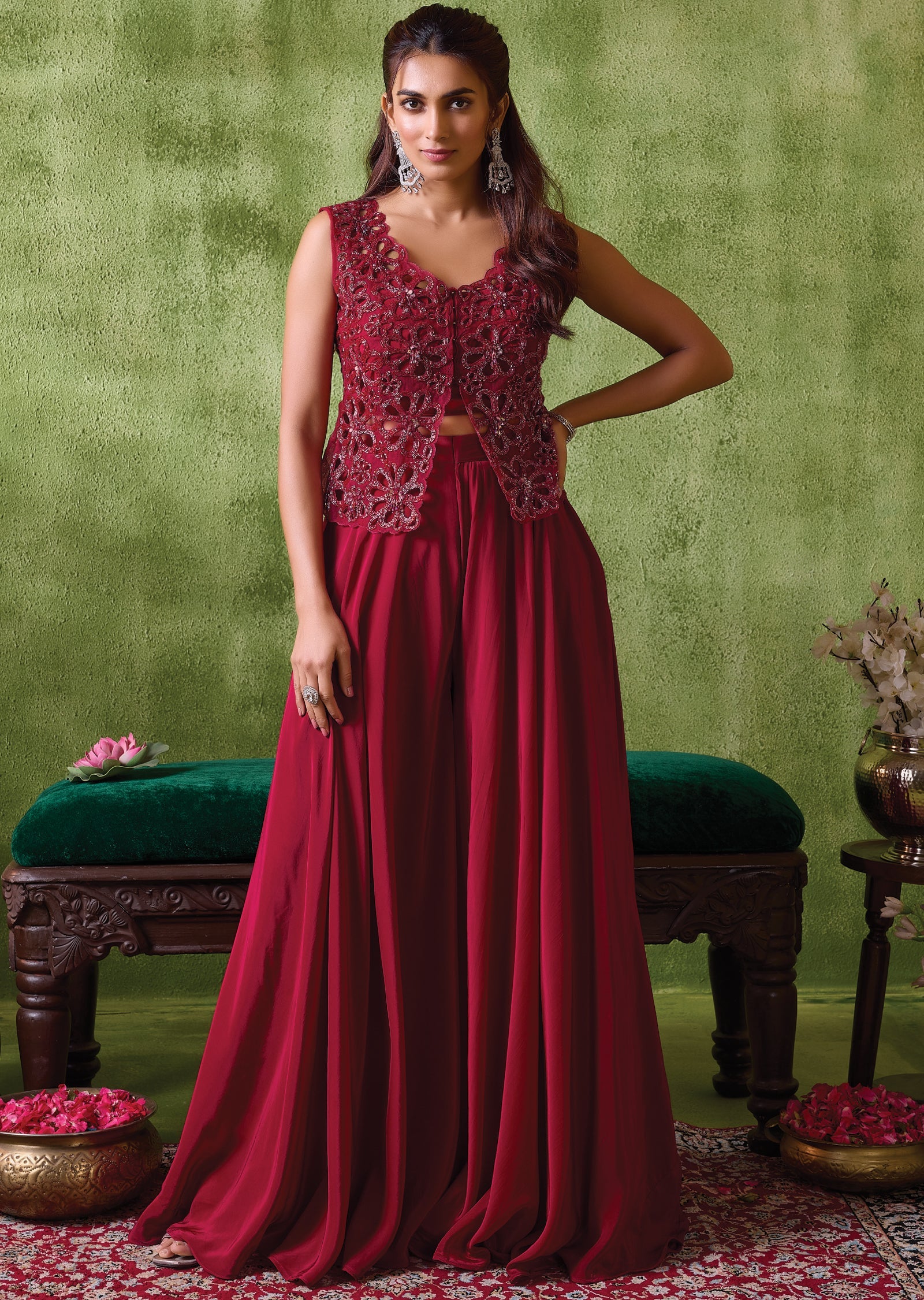 Maroon Crepe Indowestern Set