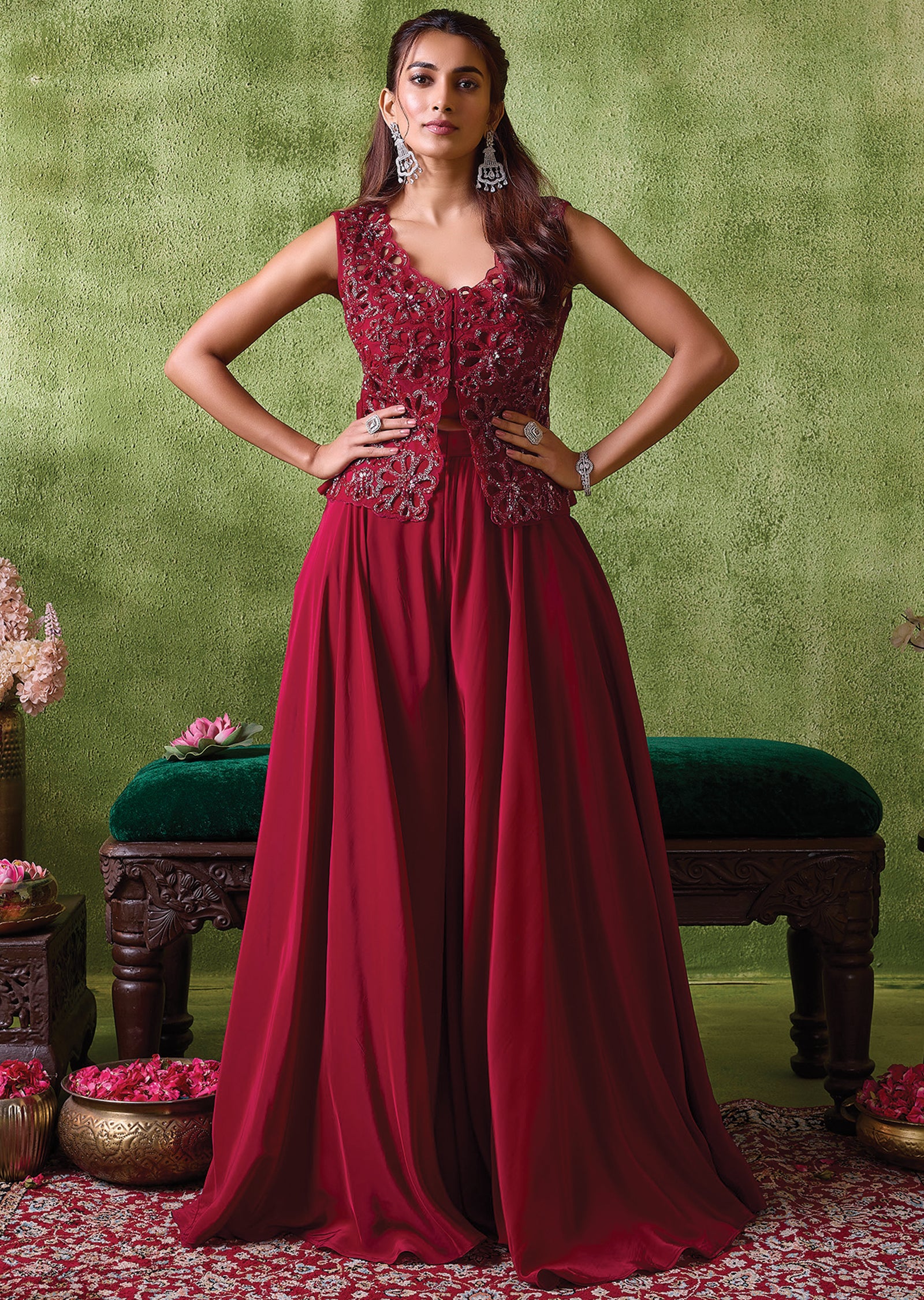 Maroon Crepe Indowestern Set