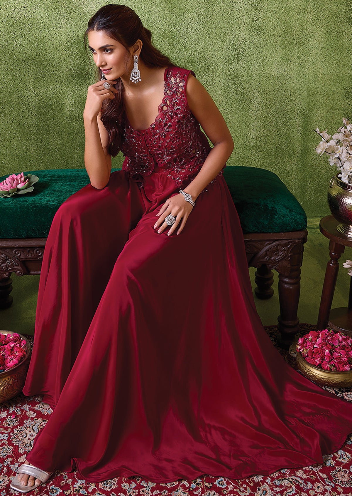 Maroon Crepe Indowestern Set