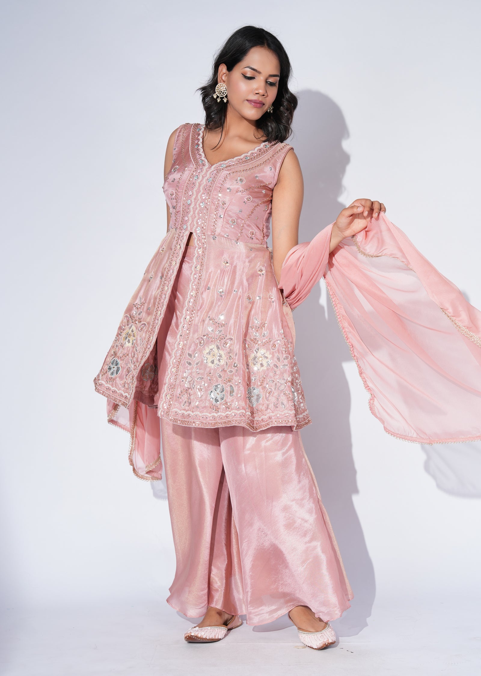 Peach Tissue Sharara Set