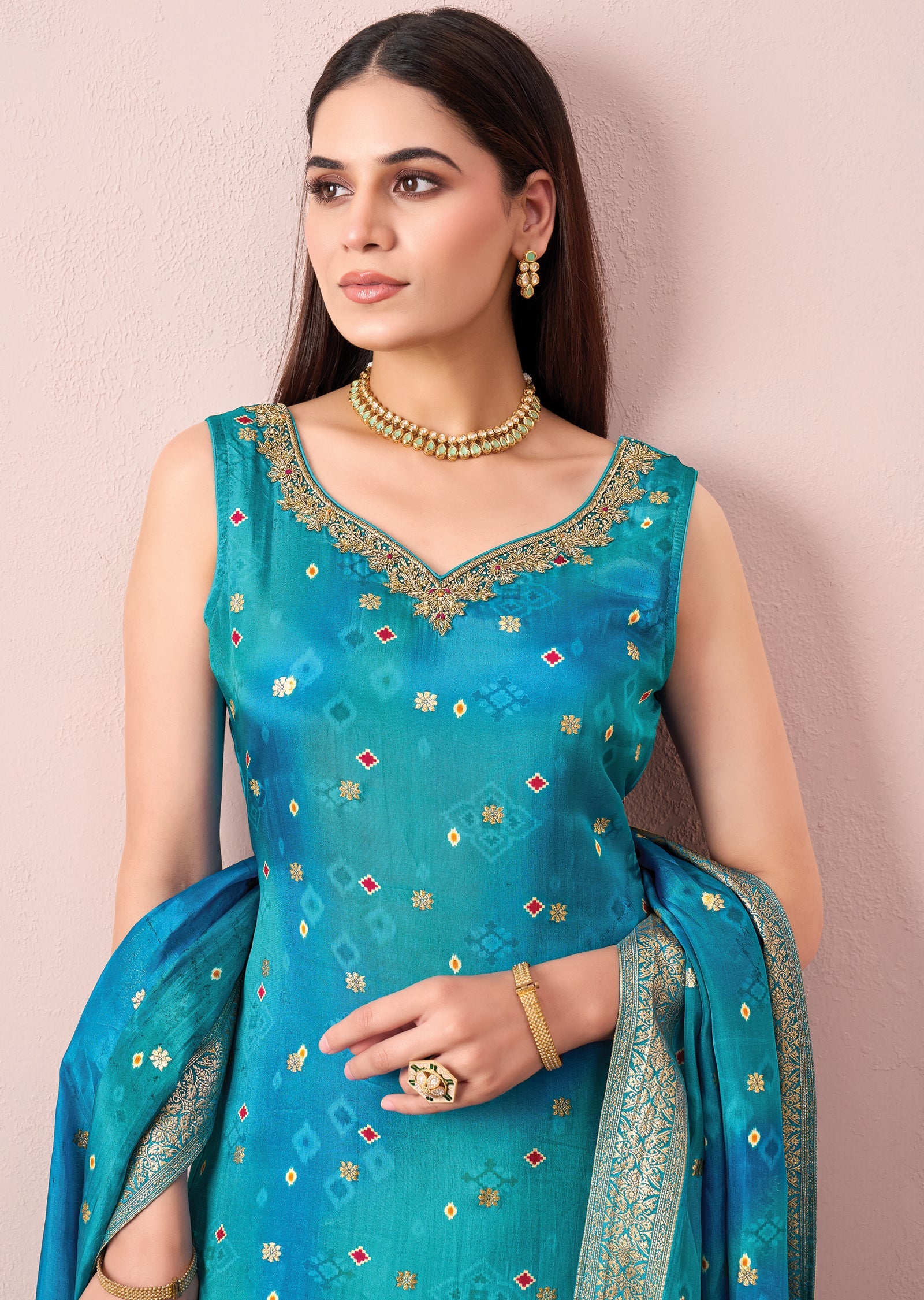 Blue Pink Silk Straight cut suit