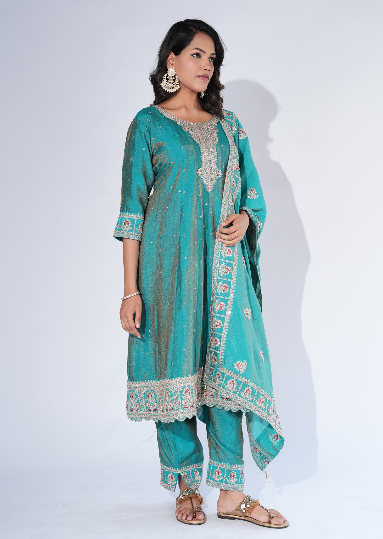 Rama Green Silk Anarkali Suit