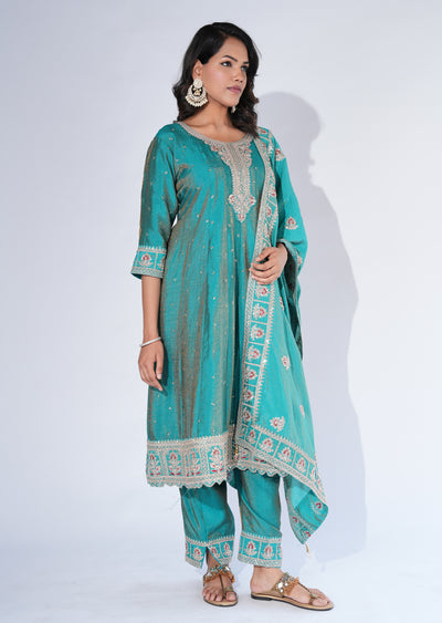 Rama Green Silk Anarkali Suit