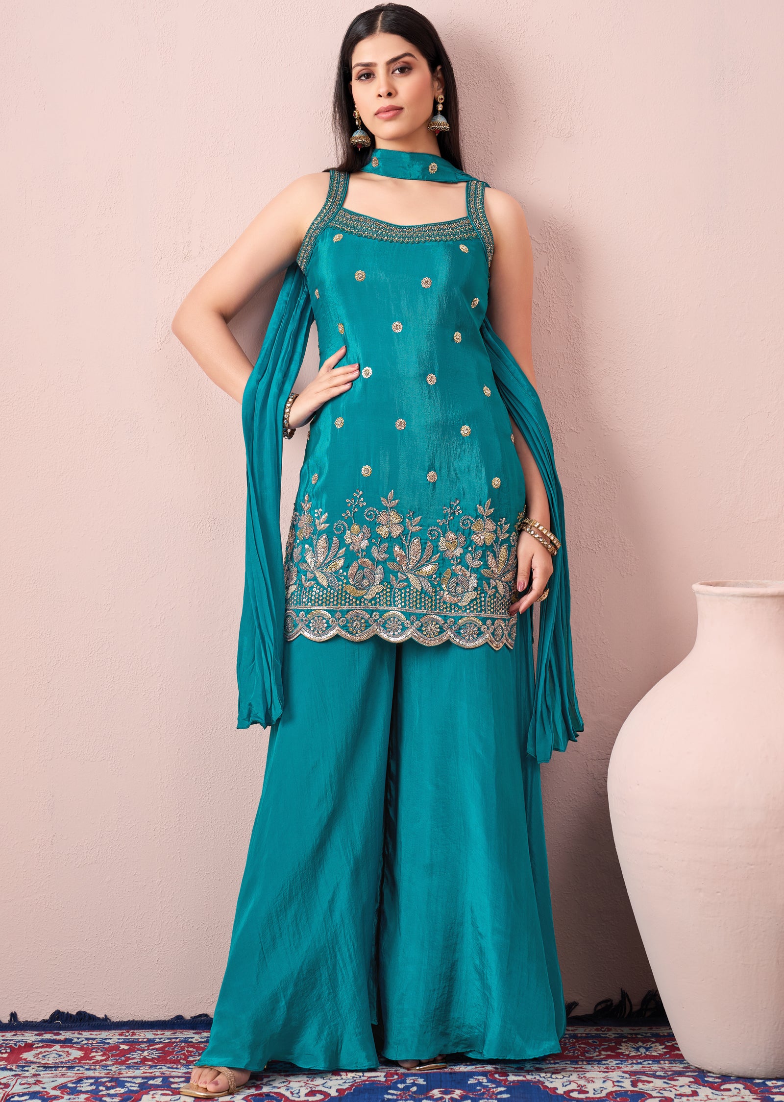 Rama Blue Silk Sharara Set