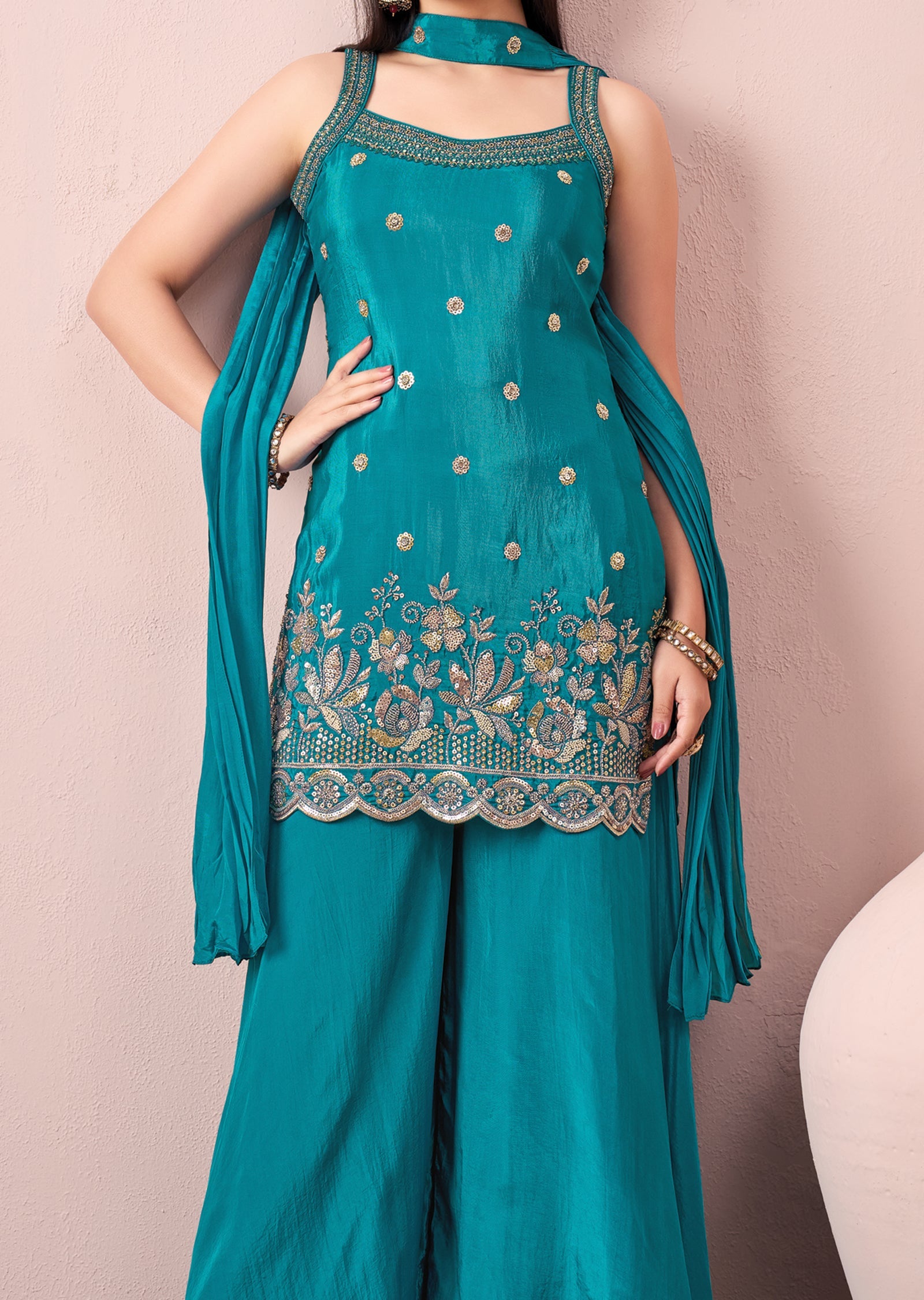 Rama Blue Silk Sharara Set
