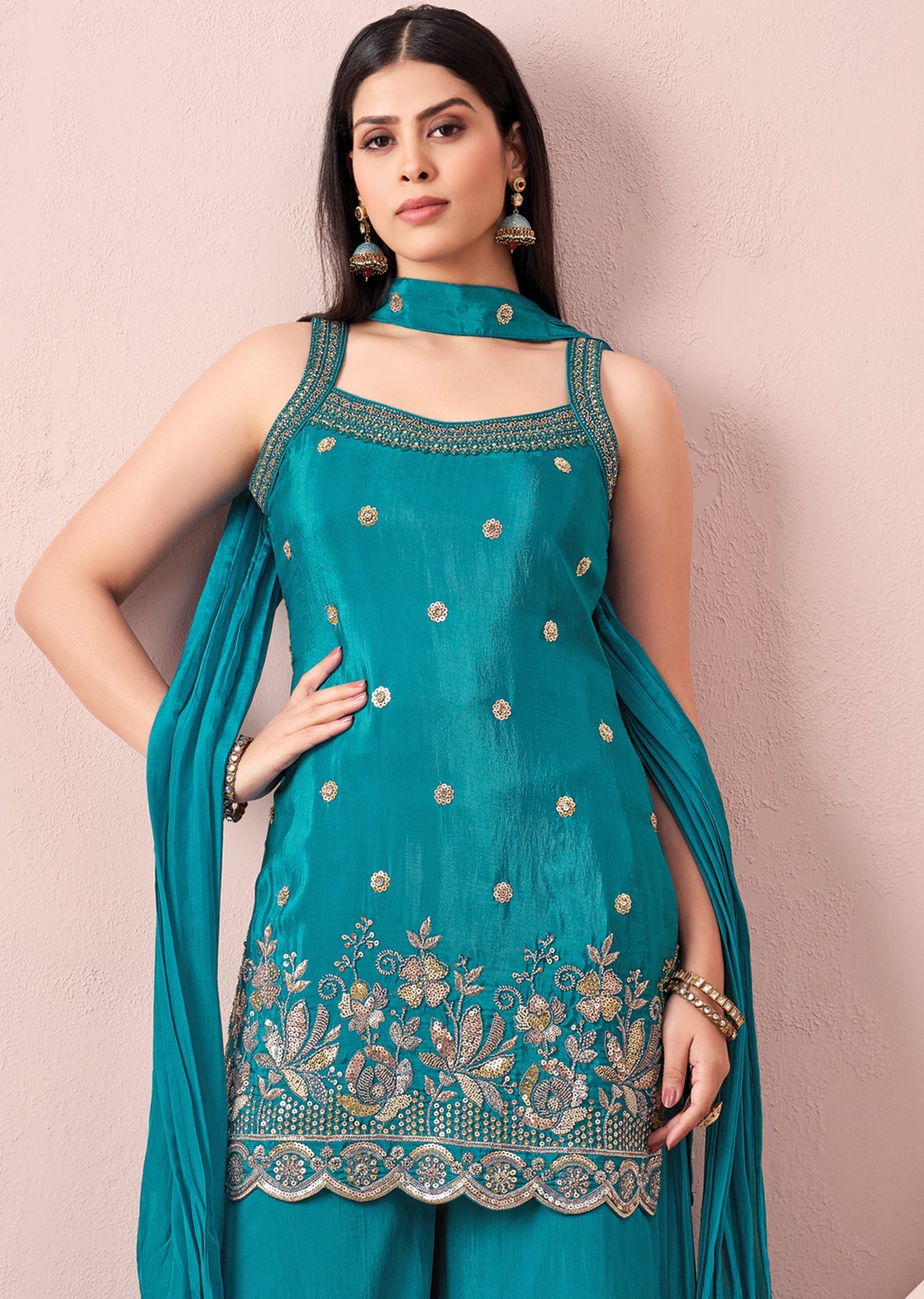 Rama Blue Silk Sharara Set