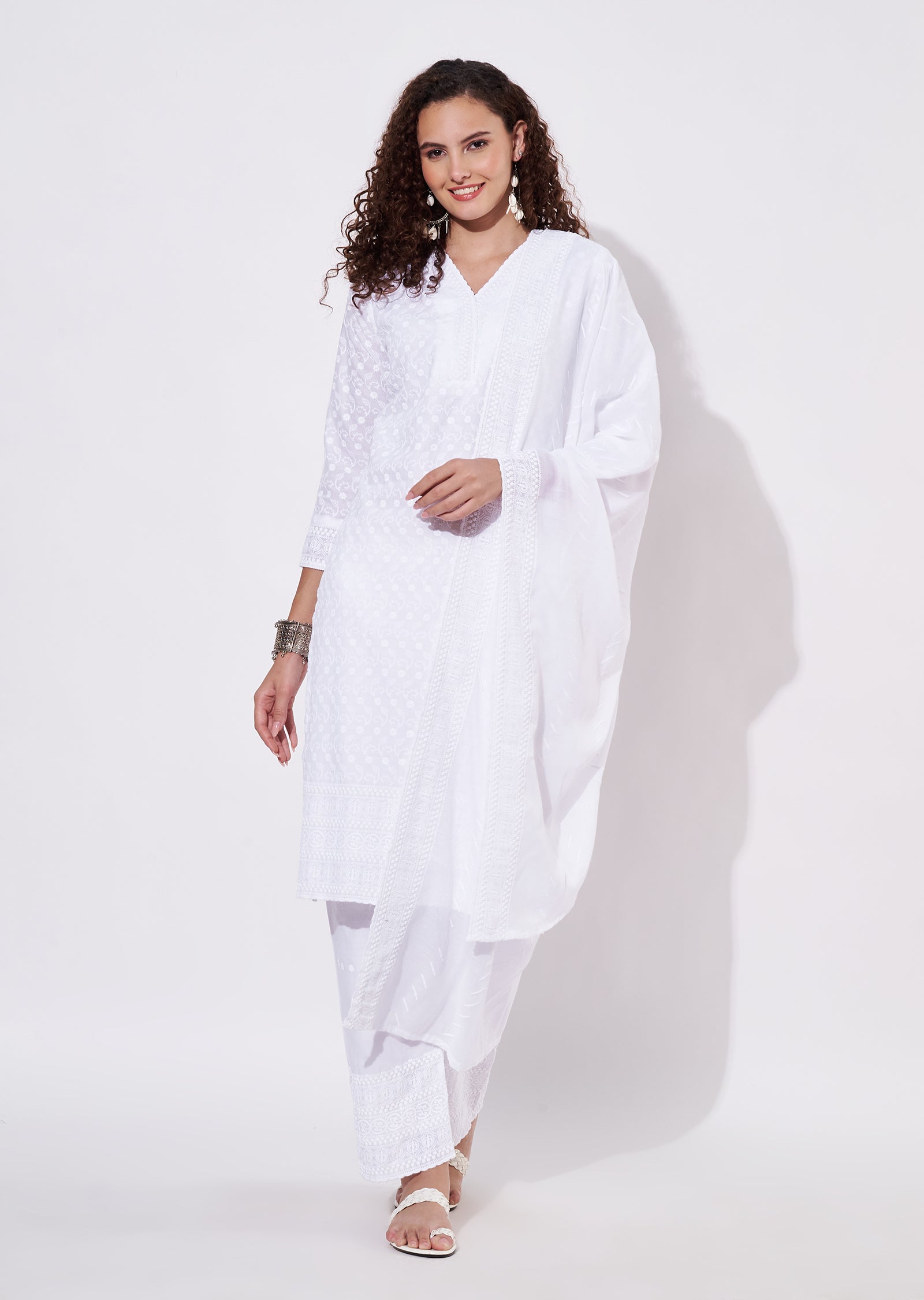 White Cotton Straight cut Suit