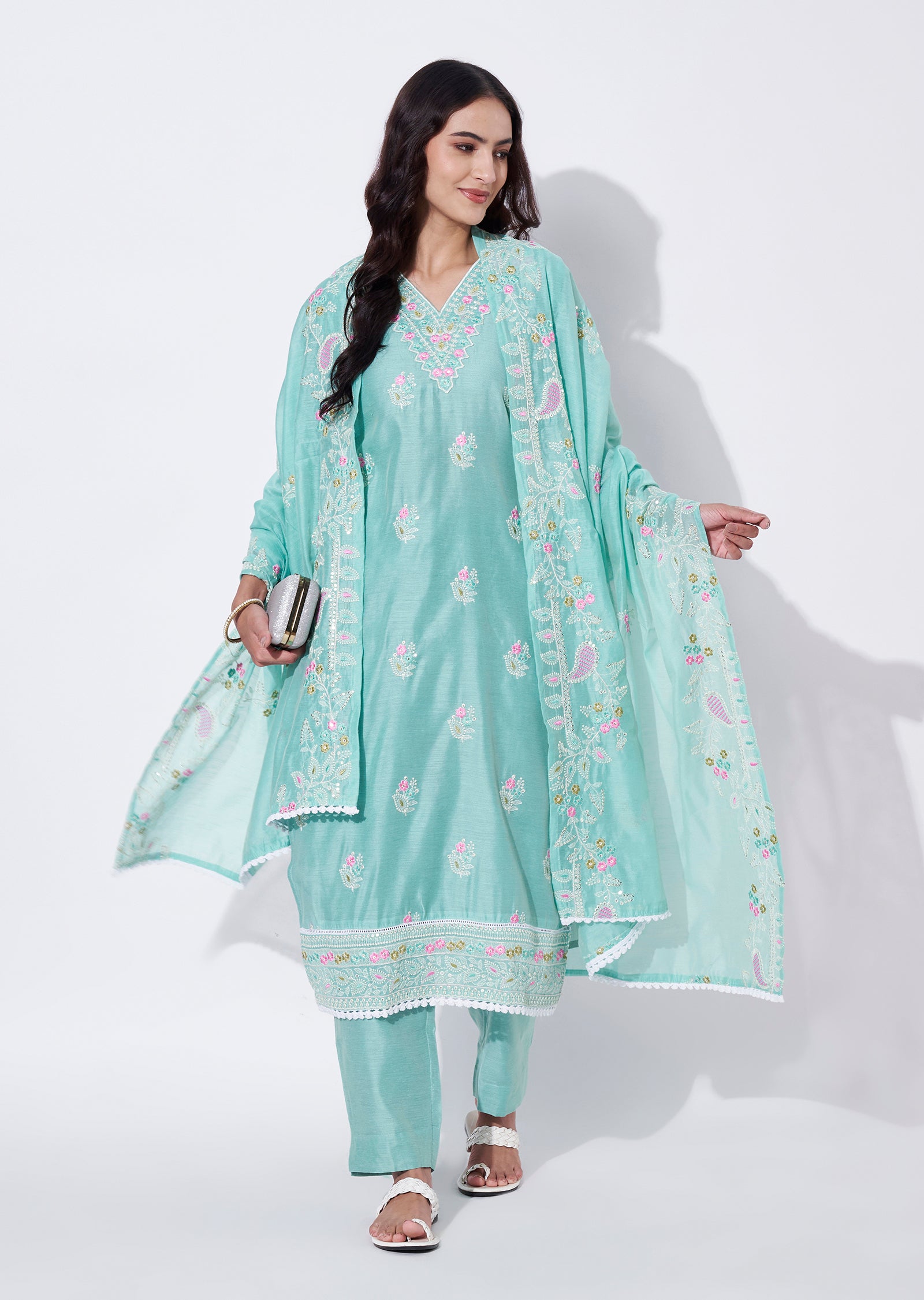 Sea Green Chanderi Straight cut suit