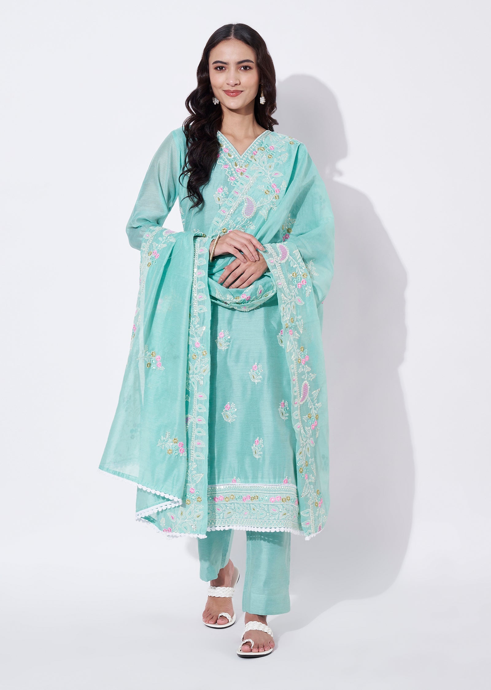 Sea Green Chanderi Straight cut suit