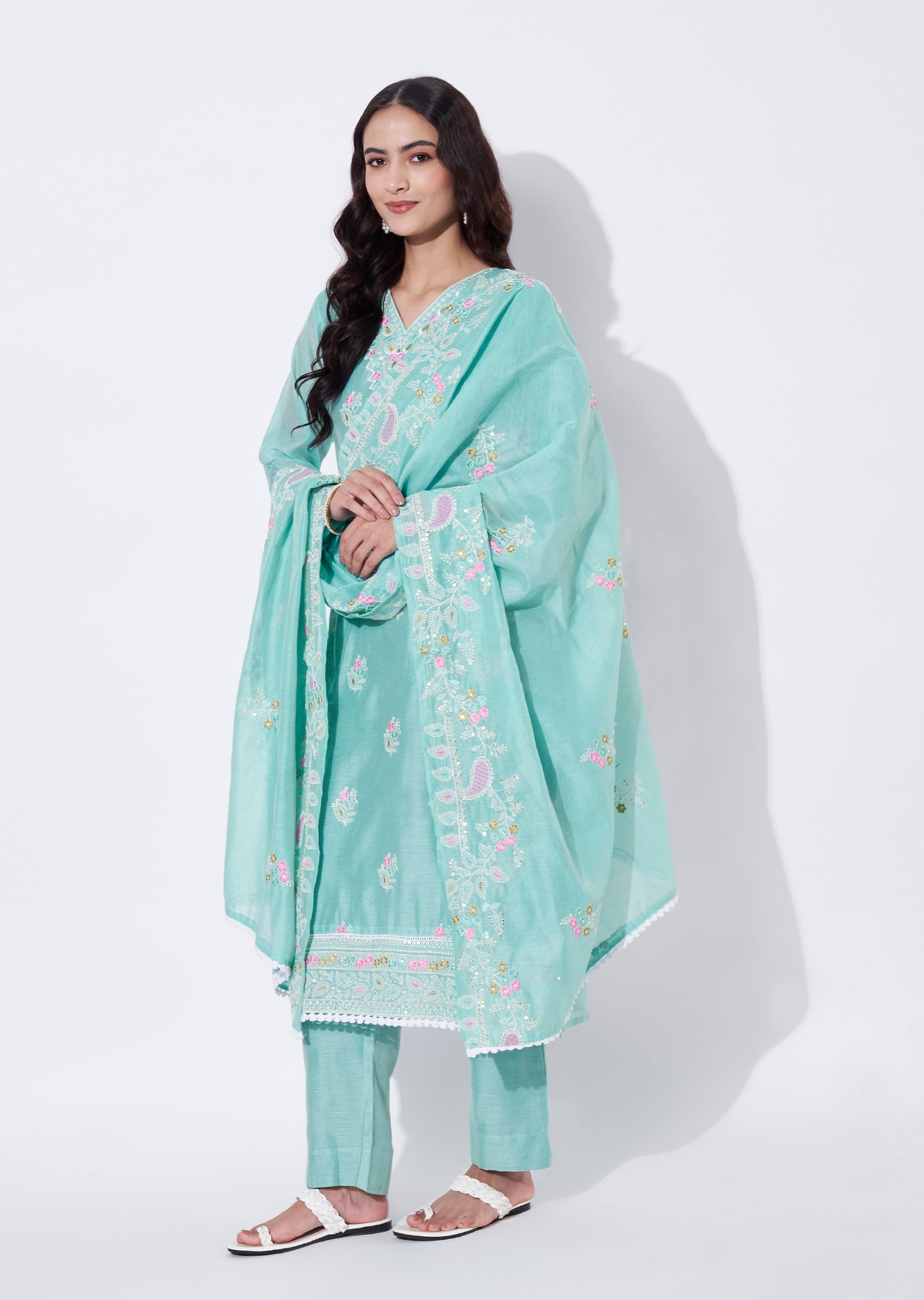 Sea Green Chanderi Straight cut suit