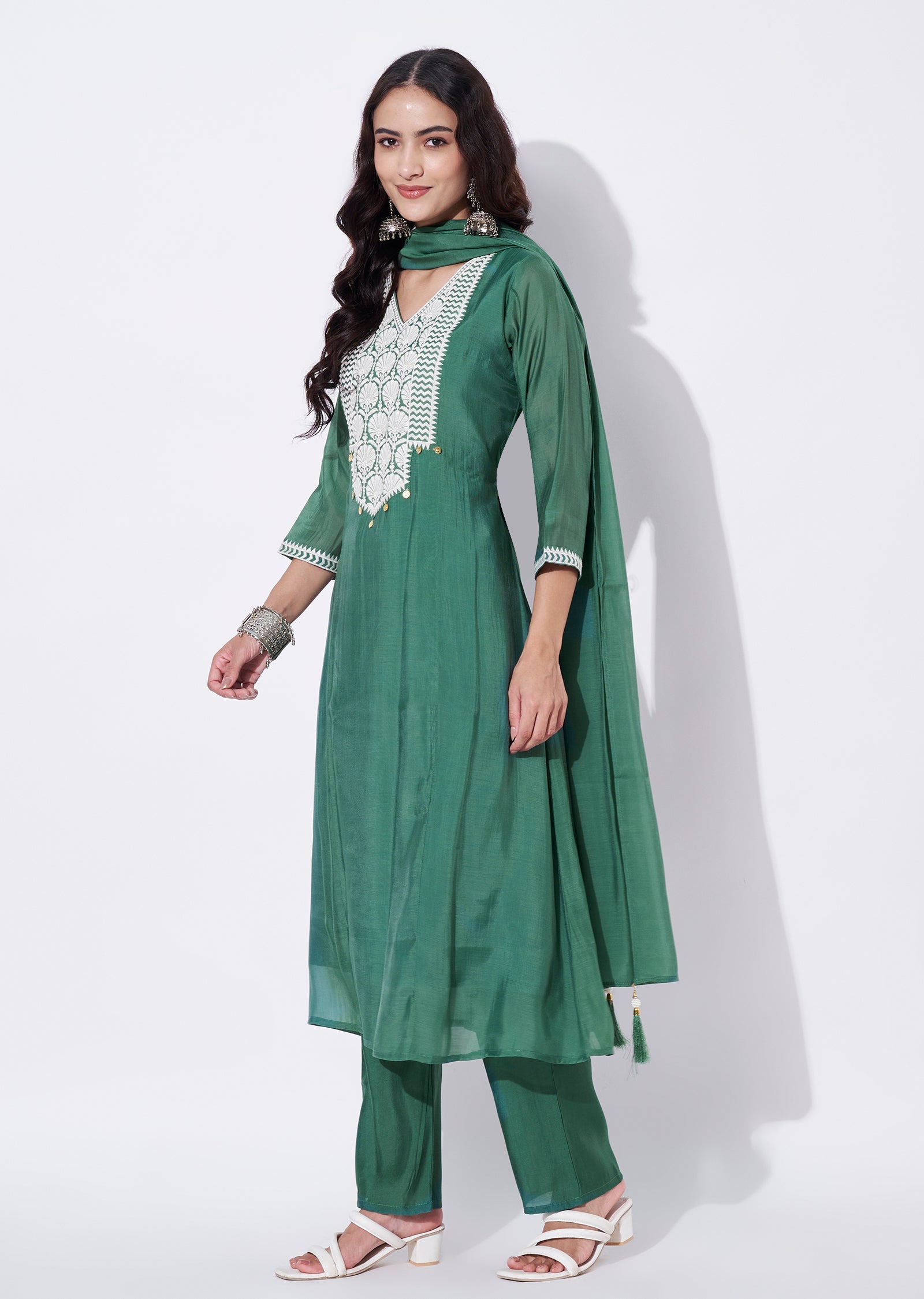 Green Mul Chanderi Anarkali Suit