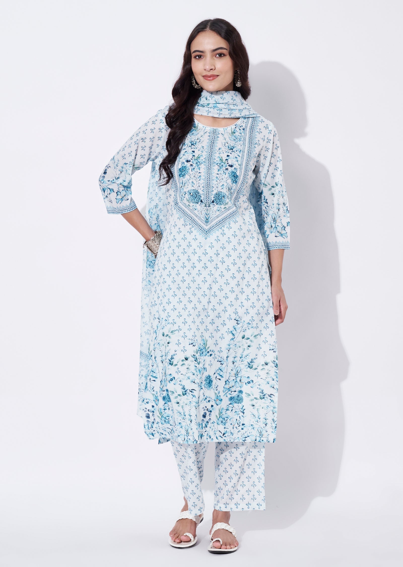 Blue Cotton Straight cut Suit