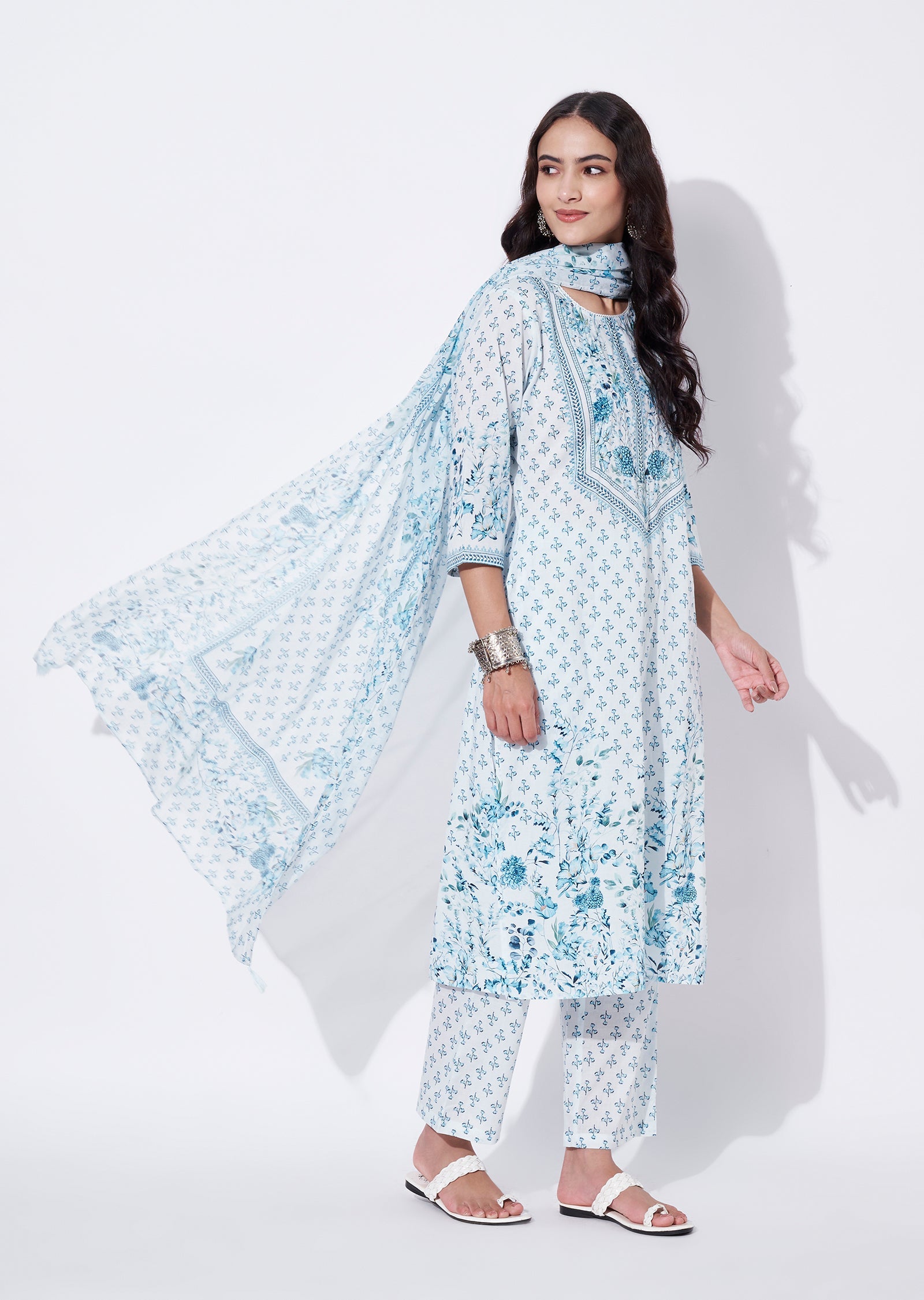 Blue Cotton Straight cut Suit