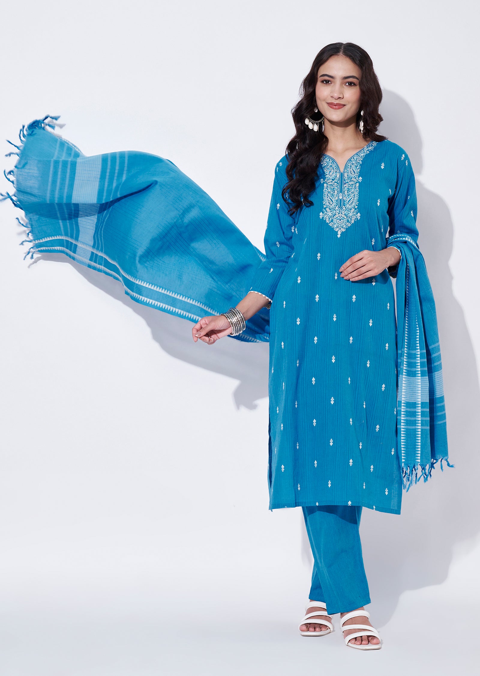 Blue Cotton Straight cut Suit