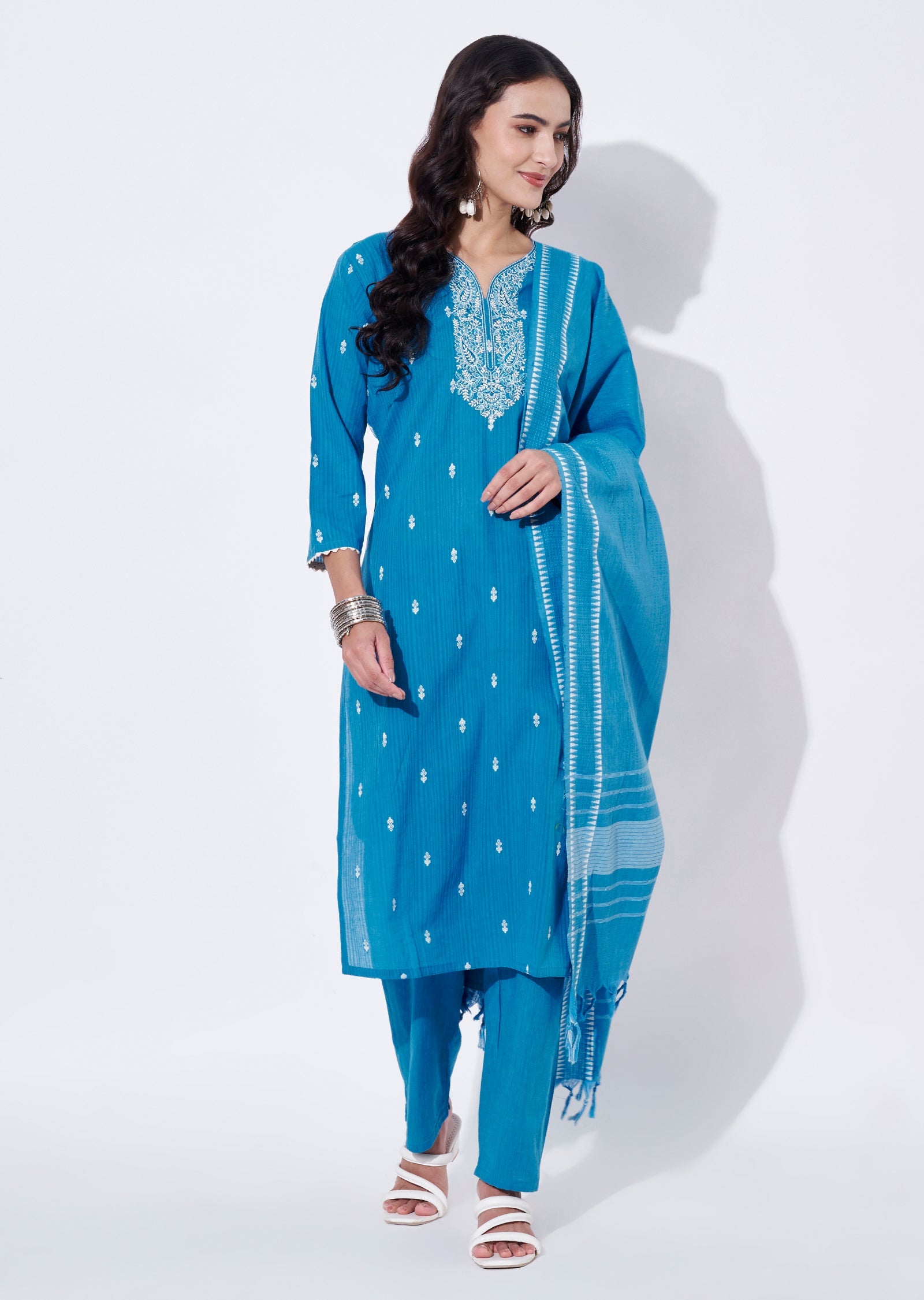 Blue Cotton Straight cut Suit