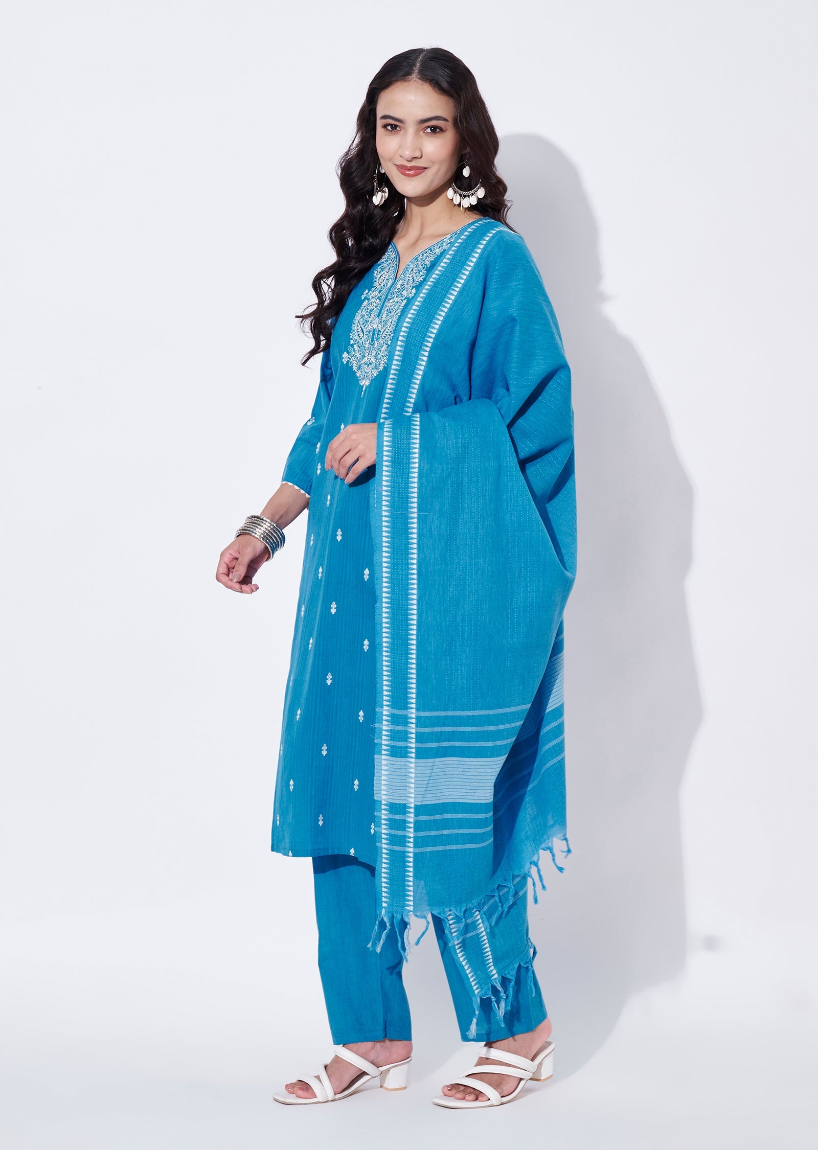 Blue Cotton Straight cut Suit