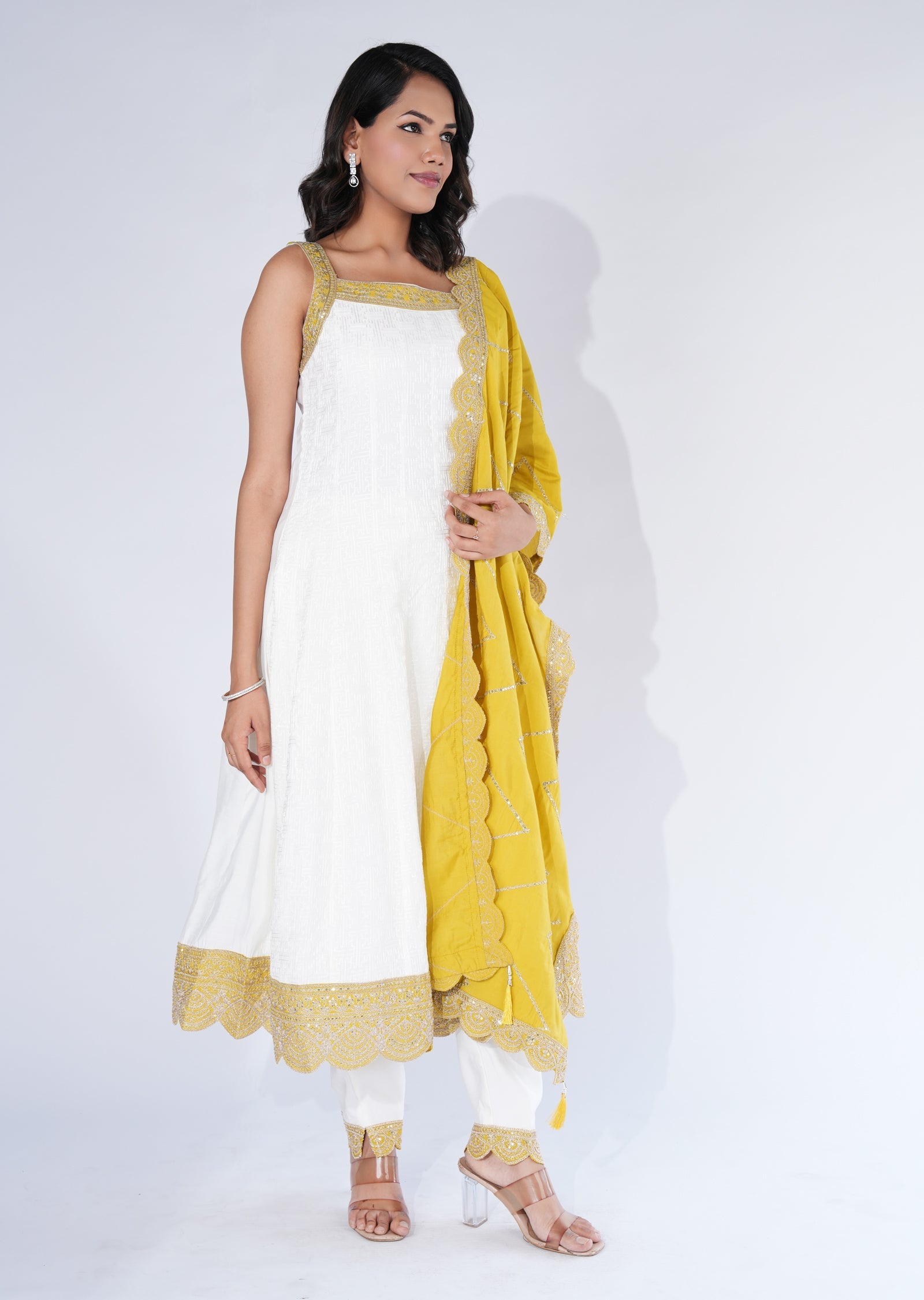Cream Mul Chanderi Anarkali Suit