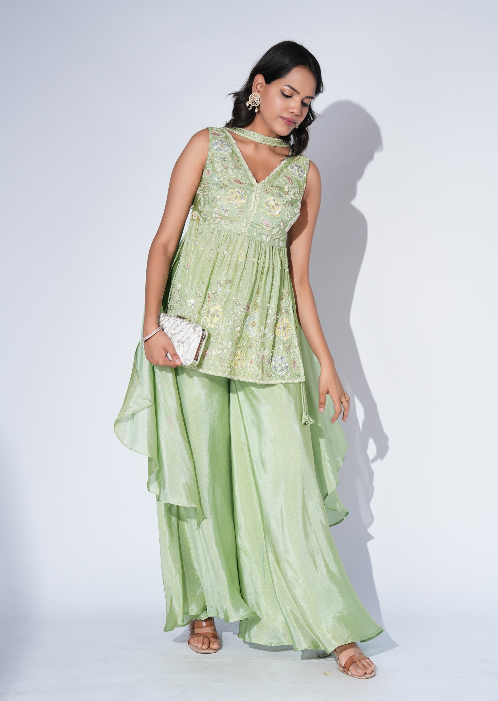 Green Tissue Sharara Set