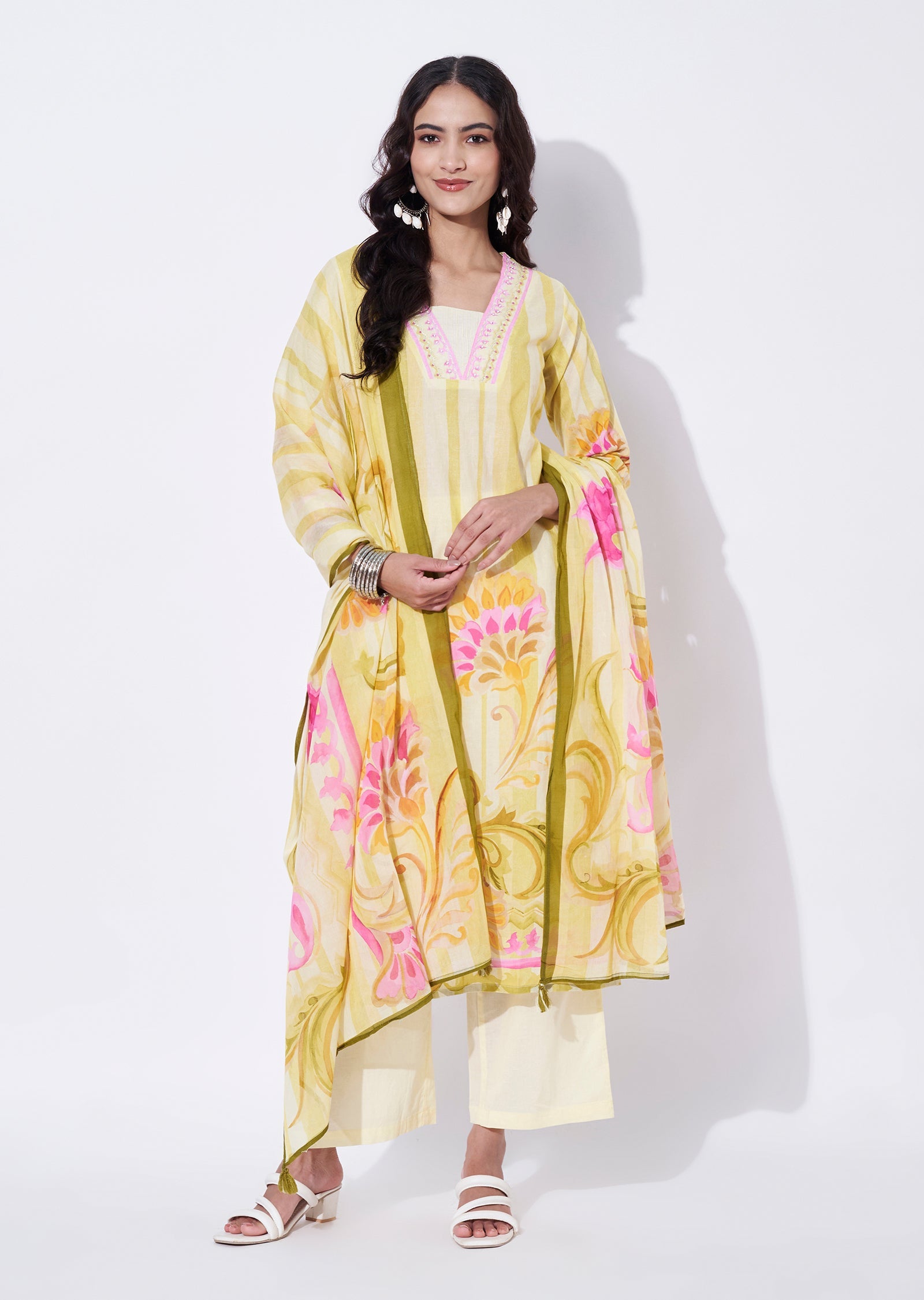 Yellow Cotton straight cut Suit