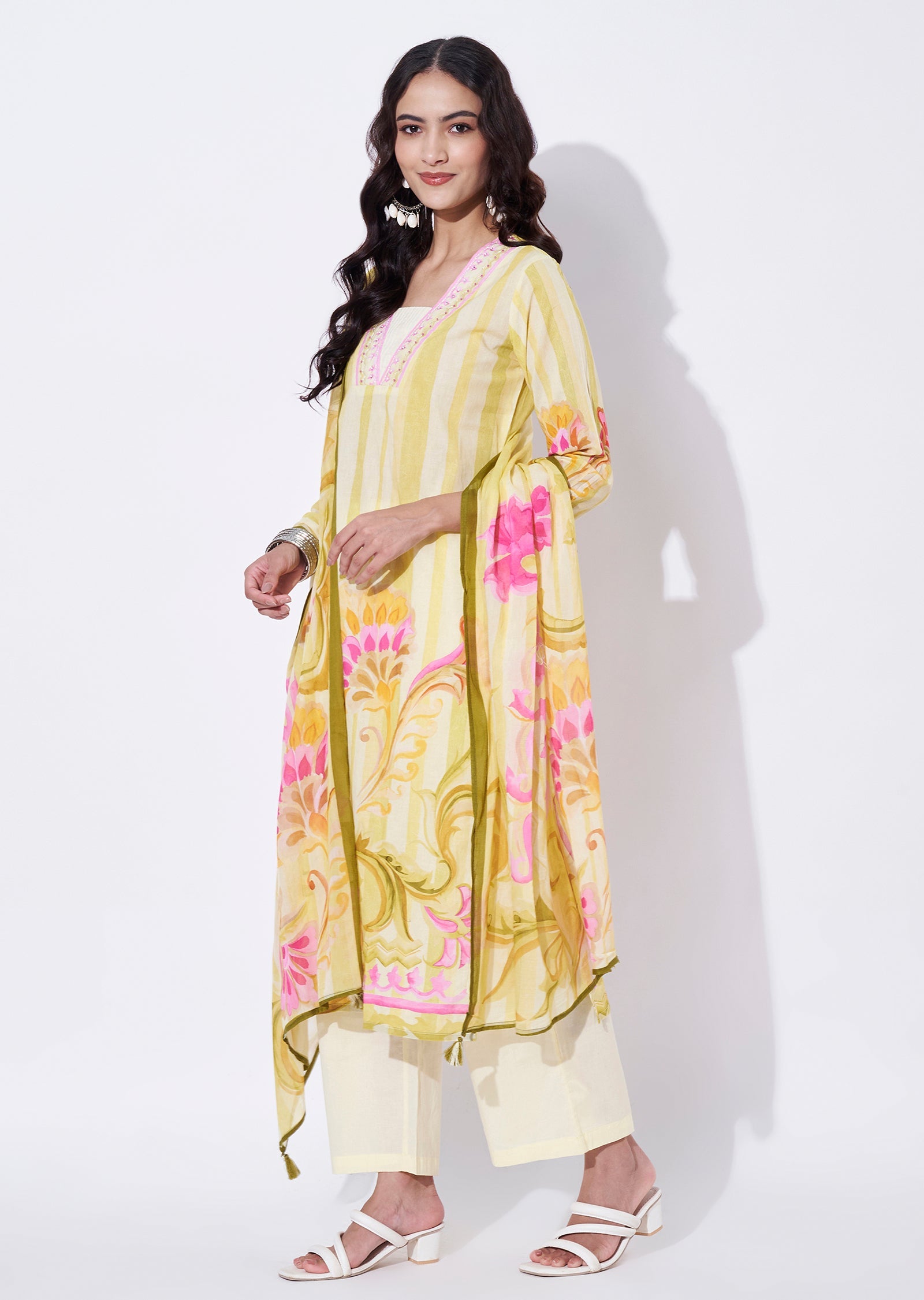 Yellow Cotton straight cut Suit