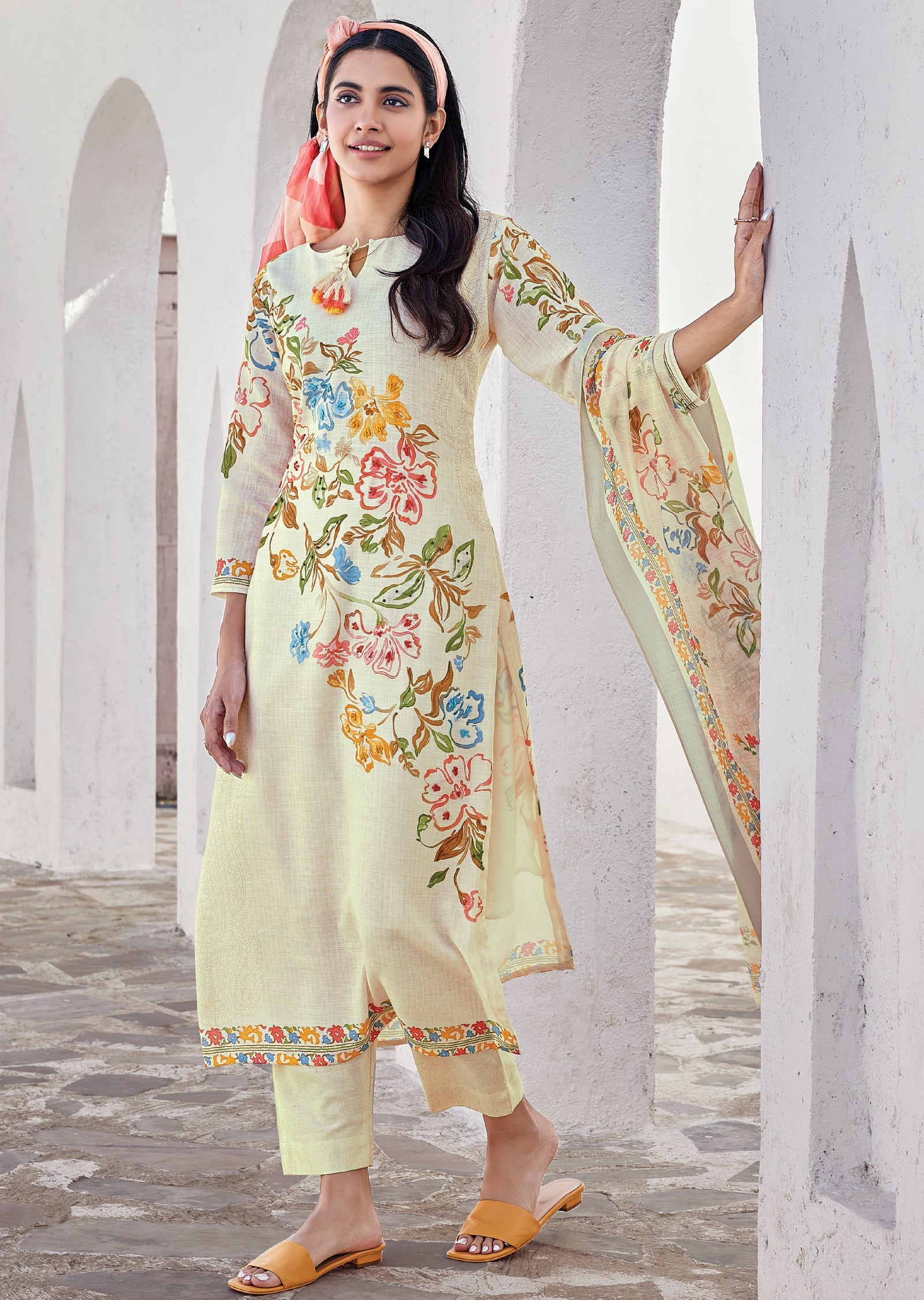 Cream Cotton Straight cut Suit